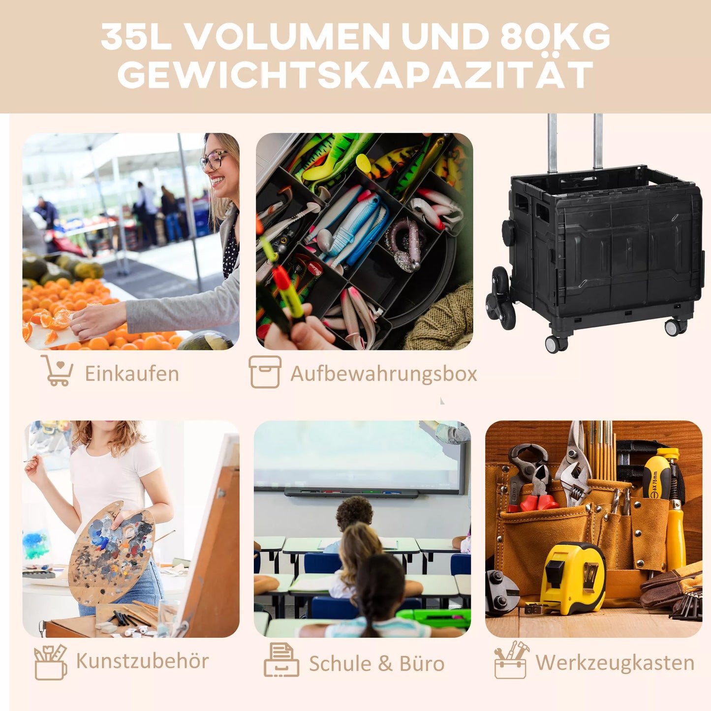 Sulankstomas pirkinių vežimėlis laiptų kopiklis su teleskopine rankena, keliamoji galia iki 65 kg, juodas