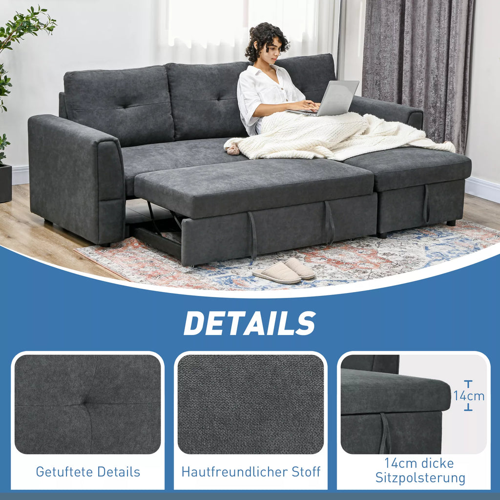 3 vietų sofa su lovos funkcija, miegamoji sofa su šezlongu, minkšta sofa, tamsiai pilka