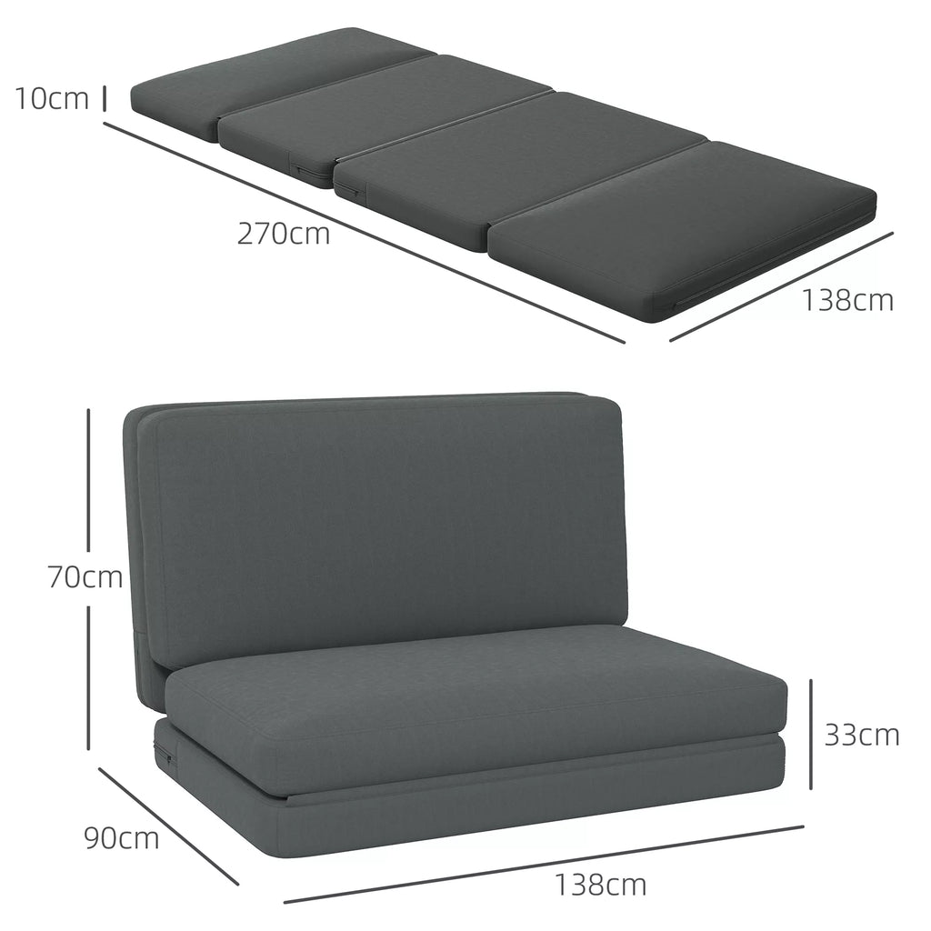 3-in-1 sulankstomas poilsio krėslas, svečių čiužinys, dalomas, 138 cm pločio, tamsiai pilkos spalvos