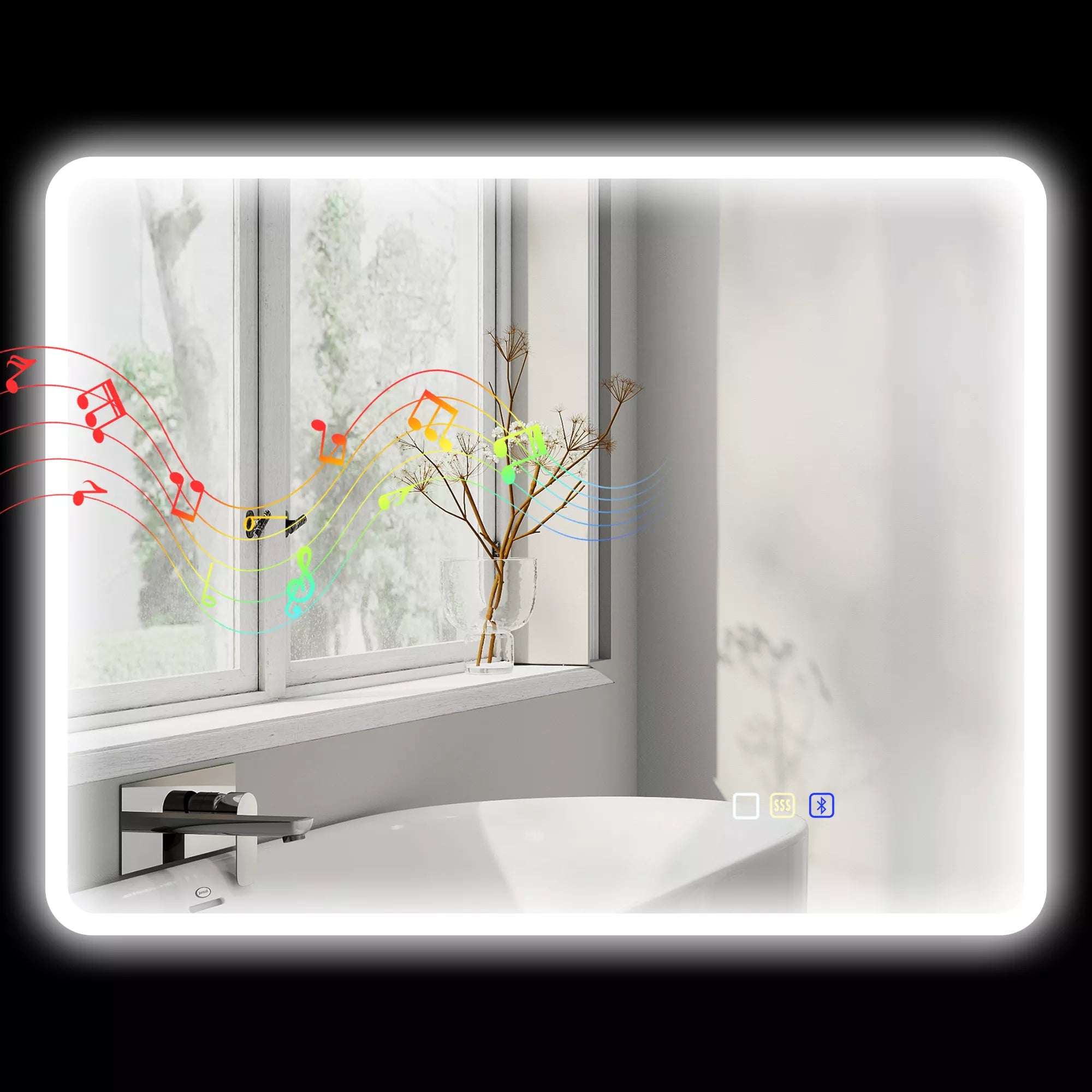 Vonios veidrodis su LED apšvietimu ir Bluetooth 70 x 90 cm, su lietimui jautriu jungikliu, reguliuojama 3 spalvų temperatūra, apsaugantis nuo rasojimo, su atminties funkcija, sidabrinis