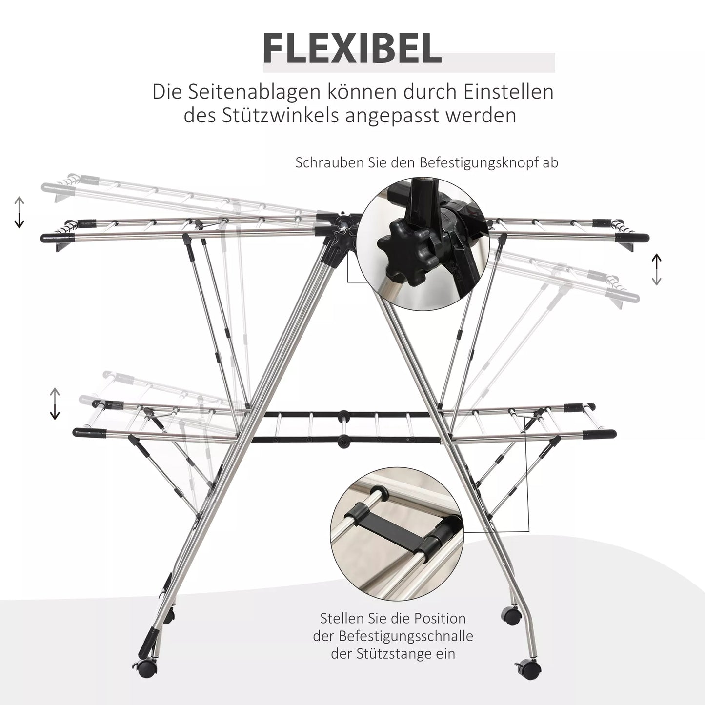 HOMCOM Drabužių džiovykla 1,385 m džiovinimo ilgio, nešiojama stovimoji džiovykla su teleskopinėmis atramomis, ratukais ir stabdžiais, skalbinių džiovintuvas sparneliais, vidui ir laukui, sidabrinė+juoda