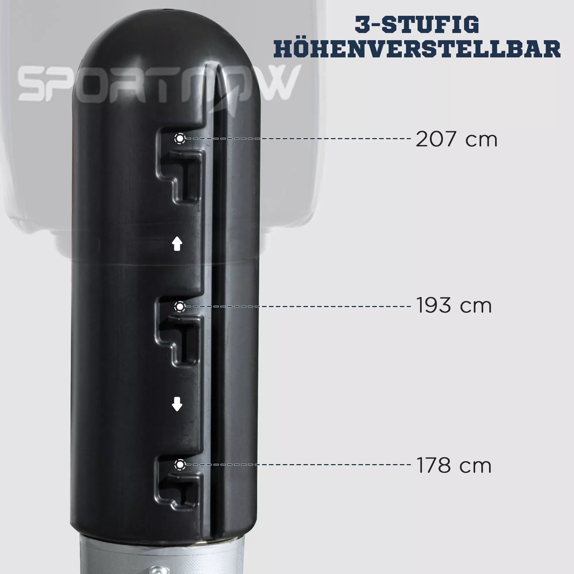 Trijų pakopų aukščio reguliavimo infografika: 178, 193, 207 cm