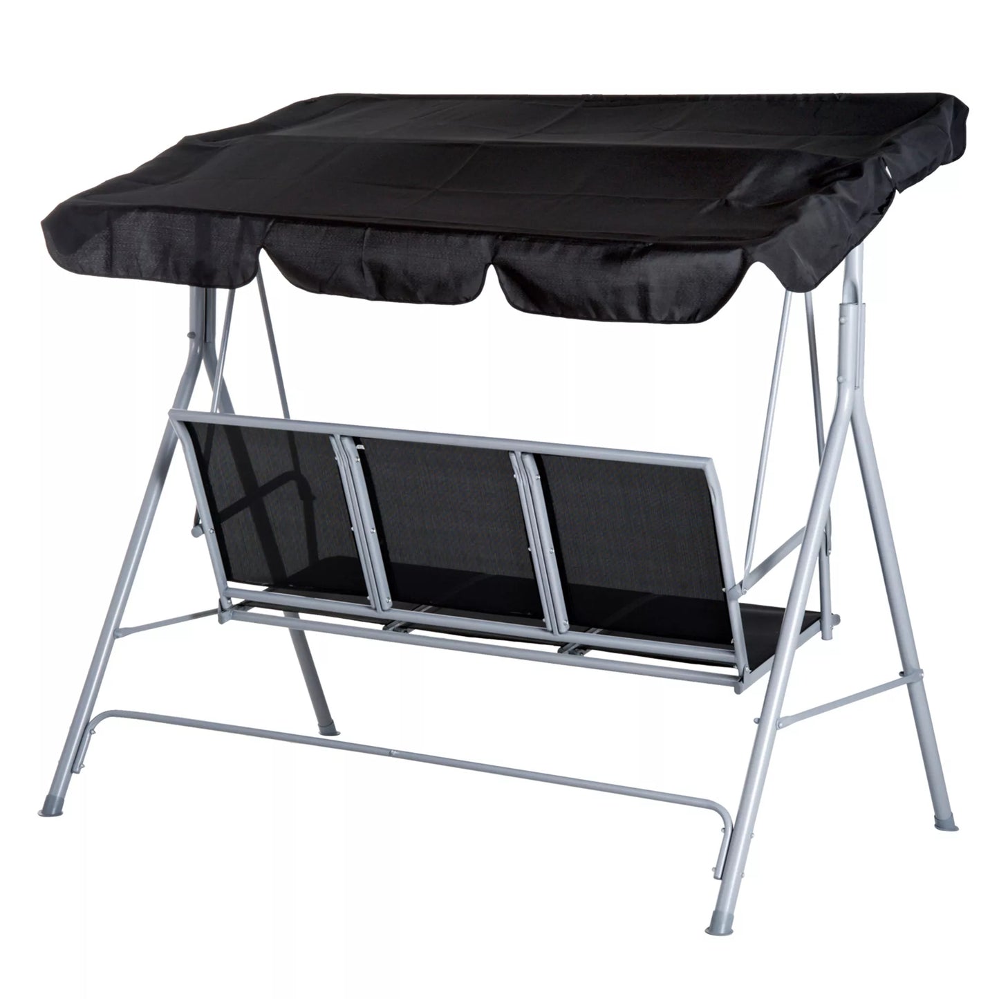 Hollywood sūpuoklės su reguliuojamu stogeliu nuo saulės, 3 vietų sodo sūpuoklės su neslystančiomis kojelėmis, sūpuoklinis suoliukas atlaiko iki 240 kg, sodo gultas sodui, terasai, 171x108x150cm, juodos spalvos