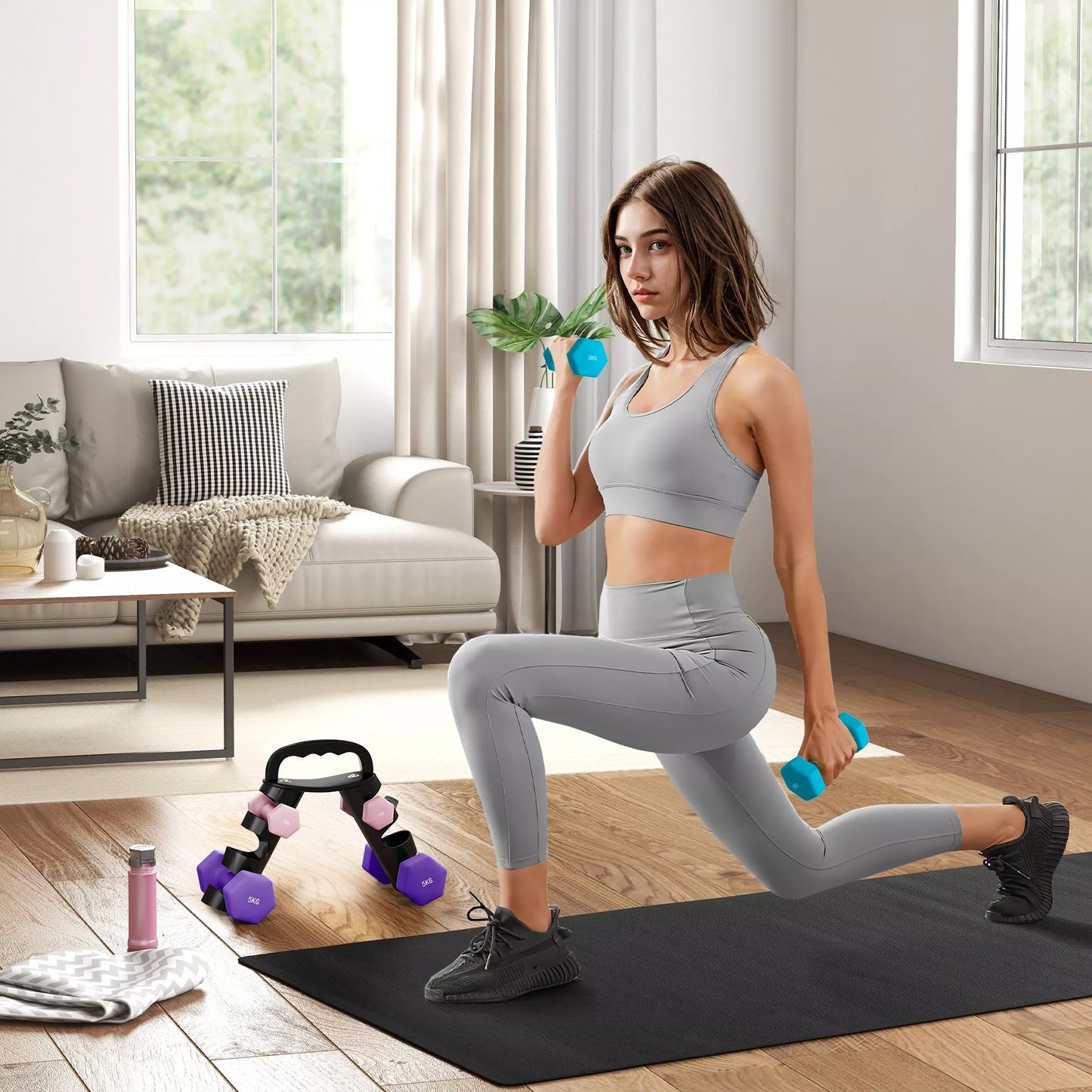 Hantelių rinkinys su laikymo stovu, 6 hantelių komplektas fitneso treniruotėms, 2 x 1kg, 2 x 3kg, 2 x 5kg