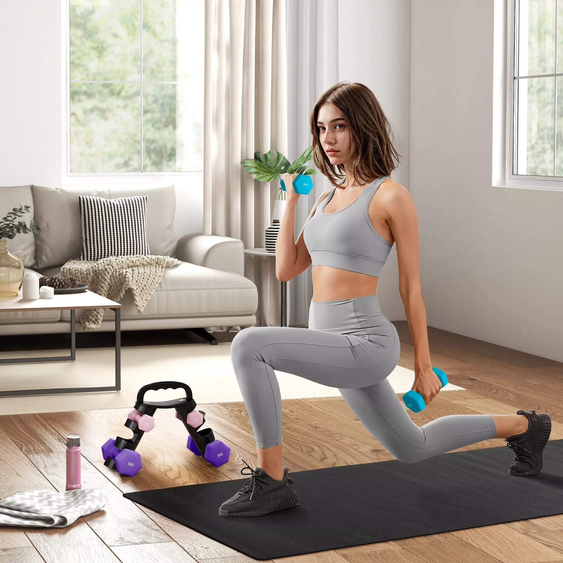 Hantelių rinkinys su laikymo stovu, 6 hantelių komplektas fitneso treniruotėms, 2 x 1kg, 2 x 3kg, 2 x 5kg