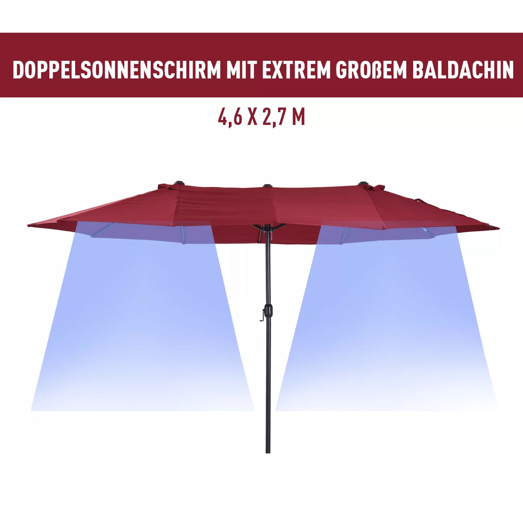 Dvigubas skėtis nuo saulės 455 x 270 cm Sodo skėtis su rankine ovalios formos tvirta metaline strypu Turgaus skėtis Dvigubas skėtis nuo saulės Terasos skėtis Apsauga nuo saulės paplūdimyje, balkone, terasoje, sode Vyno raudonos spalvos