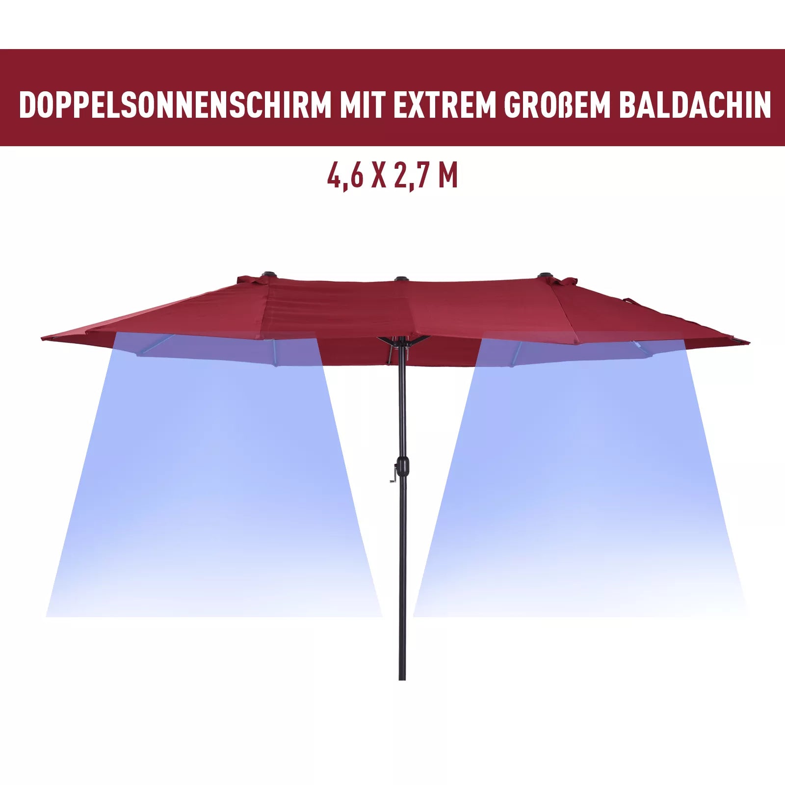 Dvigubas skėtis nuo saulės 455 x 270 cm Sodo skėtis su rankine ovalios formos tvirta metaline strypu Turgaus skėtis Dvigubas skėtis nuo saulės Terasos skėtis Apsauga nuo saulės paplūdimyje, balkone, terasoje, sode Vyno raudonos spalvos