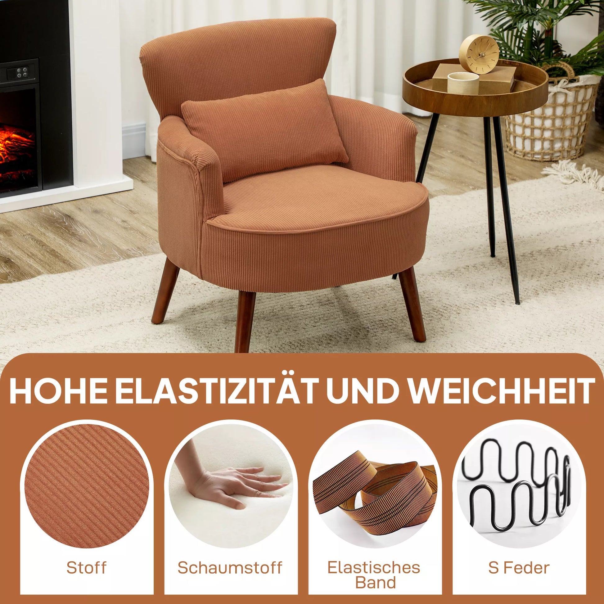 Moderni paminkštinta akcentinė kėdė su juosmens atrama, kaučiukmedžio kojomis, oranžinė