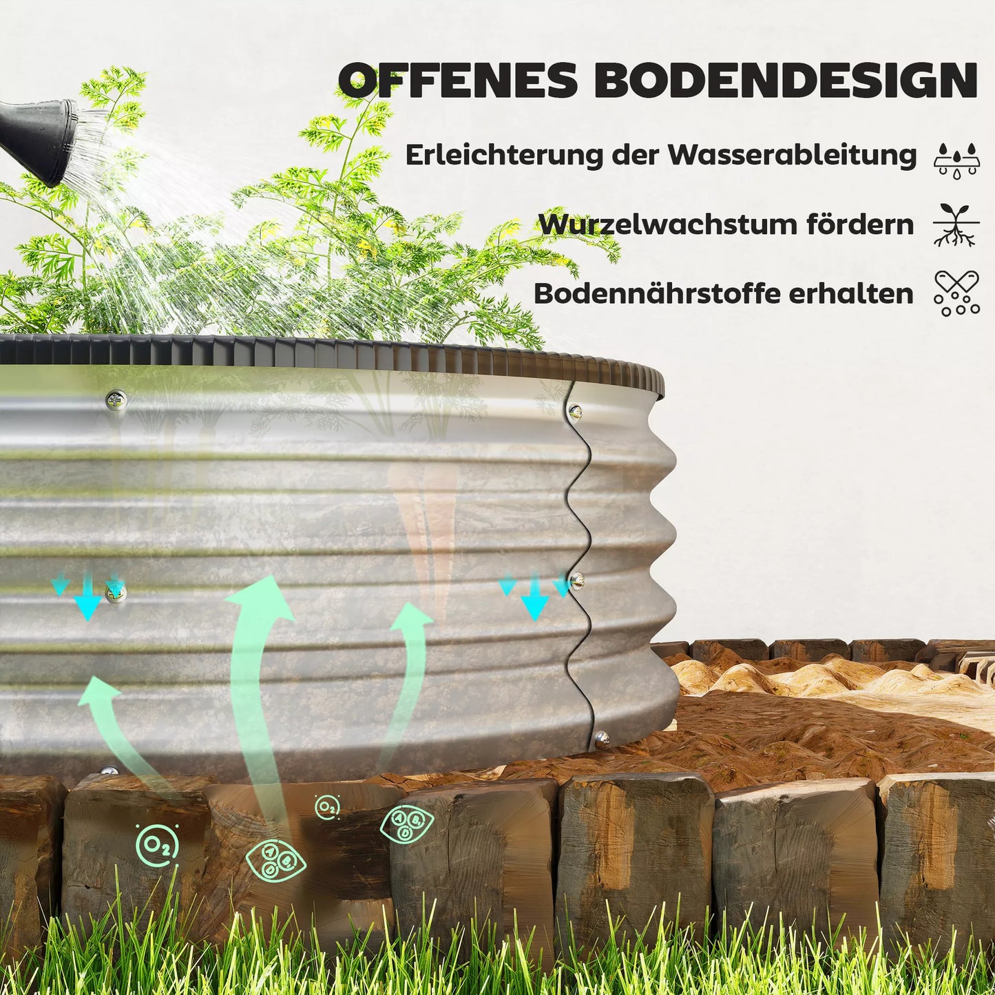 Metalinė pakelta lysvė su guminėmis apsauginėmis juostomis, ovalių augalų dėžių rinkinys, plienas, 135 x 90 x 30 cm, pilka