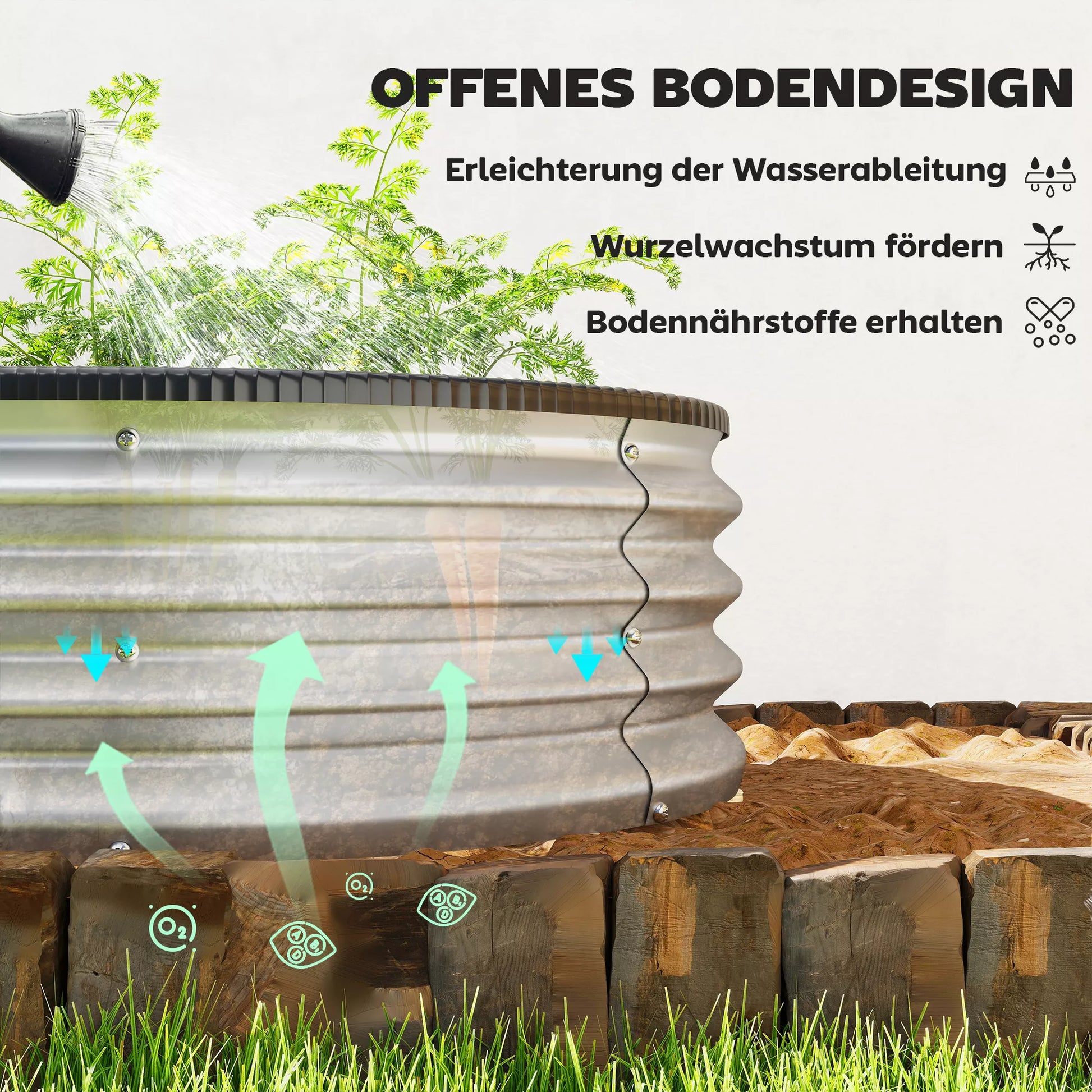 Metalinė pakelta lysvė su guminėmis apsauginėmis juostomis, ovalių augalų dėžių rinkinys, plienas, 135 x 90 x 30 cm, pilka