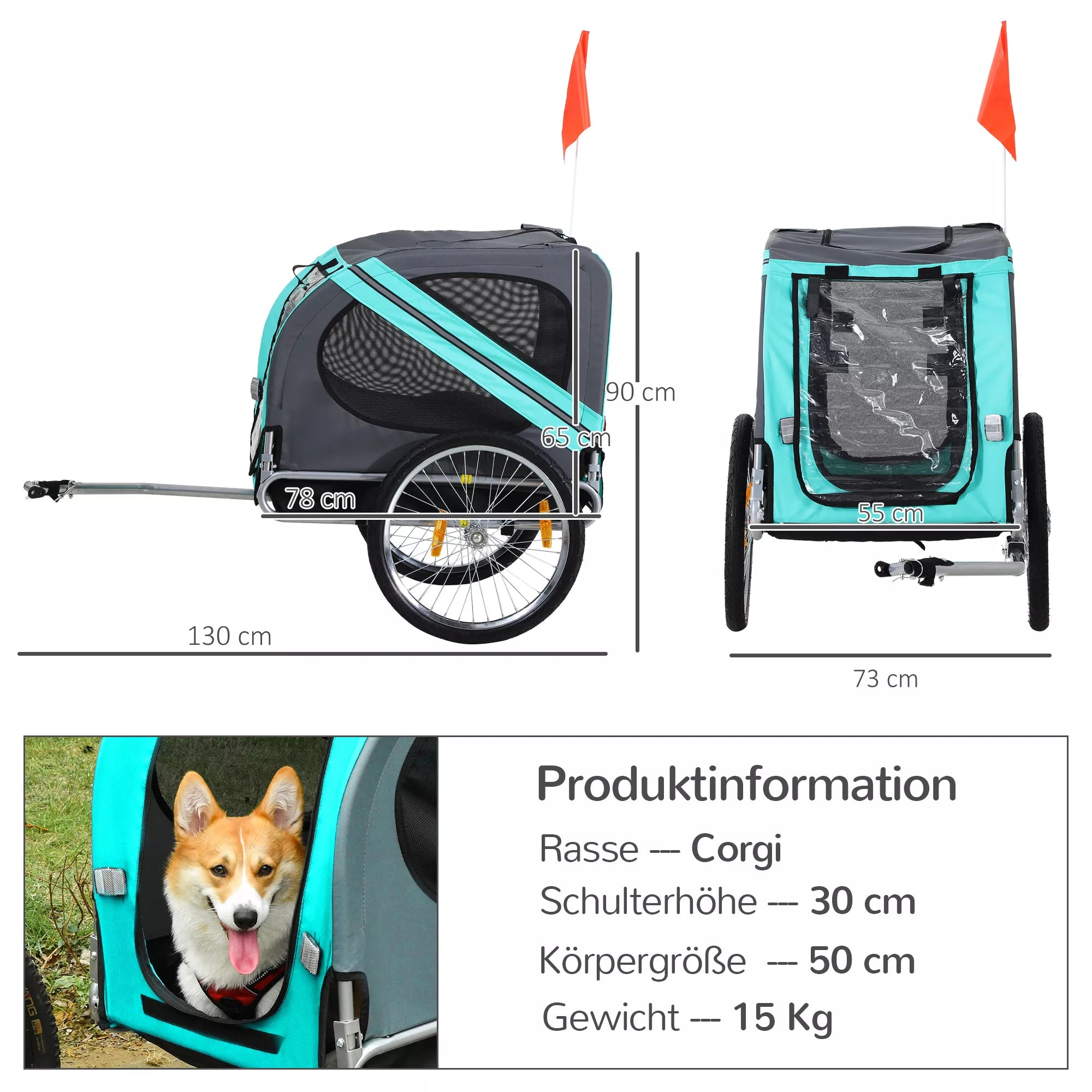 Naminių gyvūnų priekaba Šunų priekaba Dviračių priekaba iki 20 kg Sulankstoma Atšvaitas Apsauga nuo lietaus Plienas Pilka + žalia 130 x 73 x 90 cm