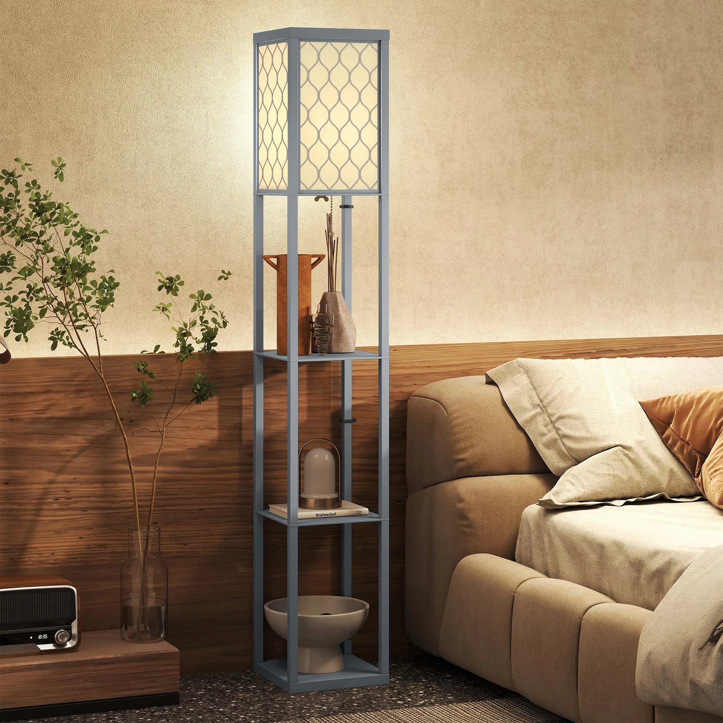 Stovas su lentynėle, 3 skyriai, kompaktiški matmenys, MDF, šviesiai pilkos spalvos