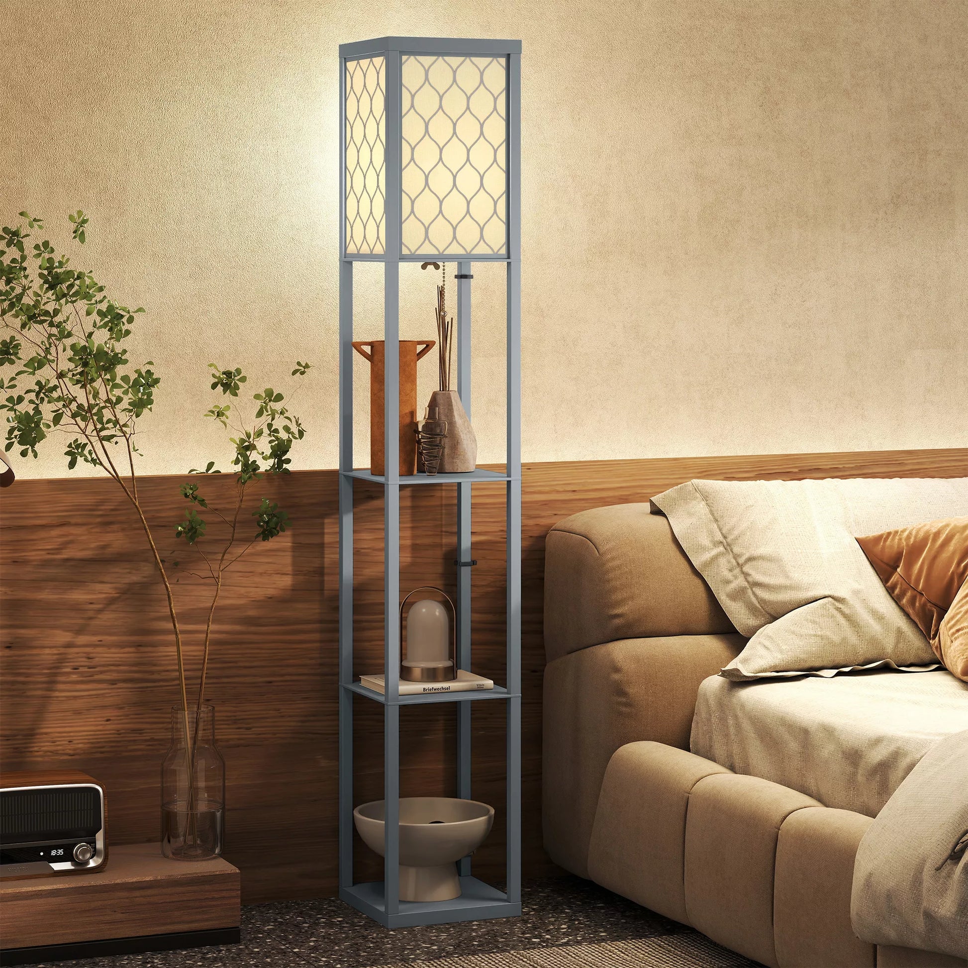 Stovas su lentynėle, 3 skyriai, kompaktiški matmenys, MDF, šviesiai pilkos spalvos