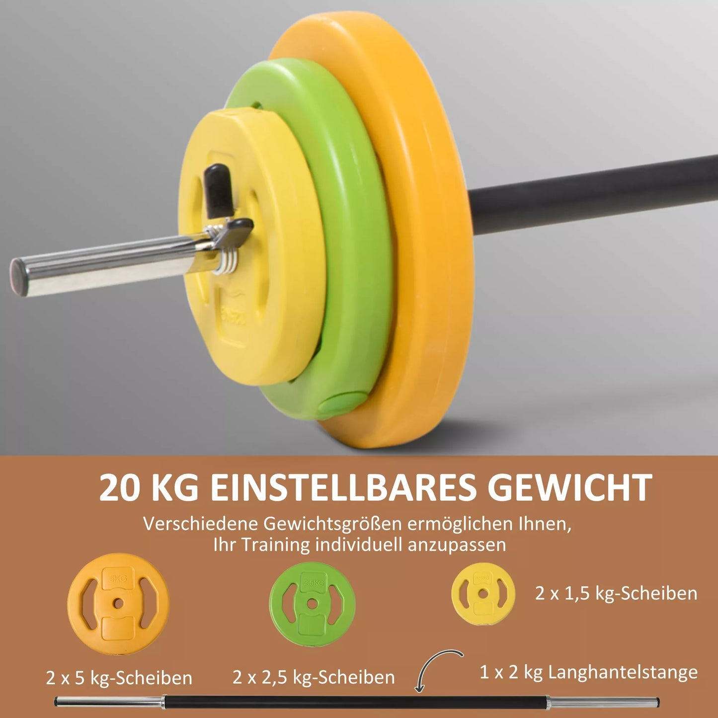 20 kg hantelių rinkinys, iš ketaus, su jungiamuoju vamzdžiu, neslystančia rankena, daugiaspalvis