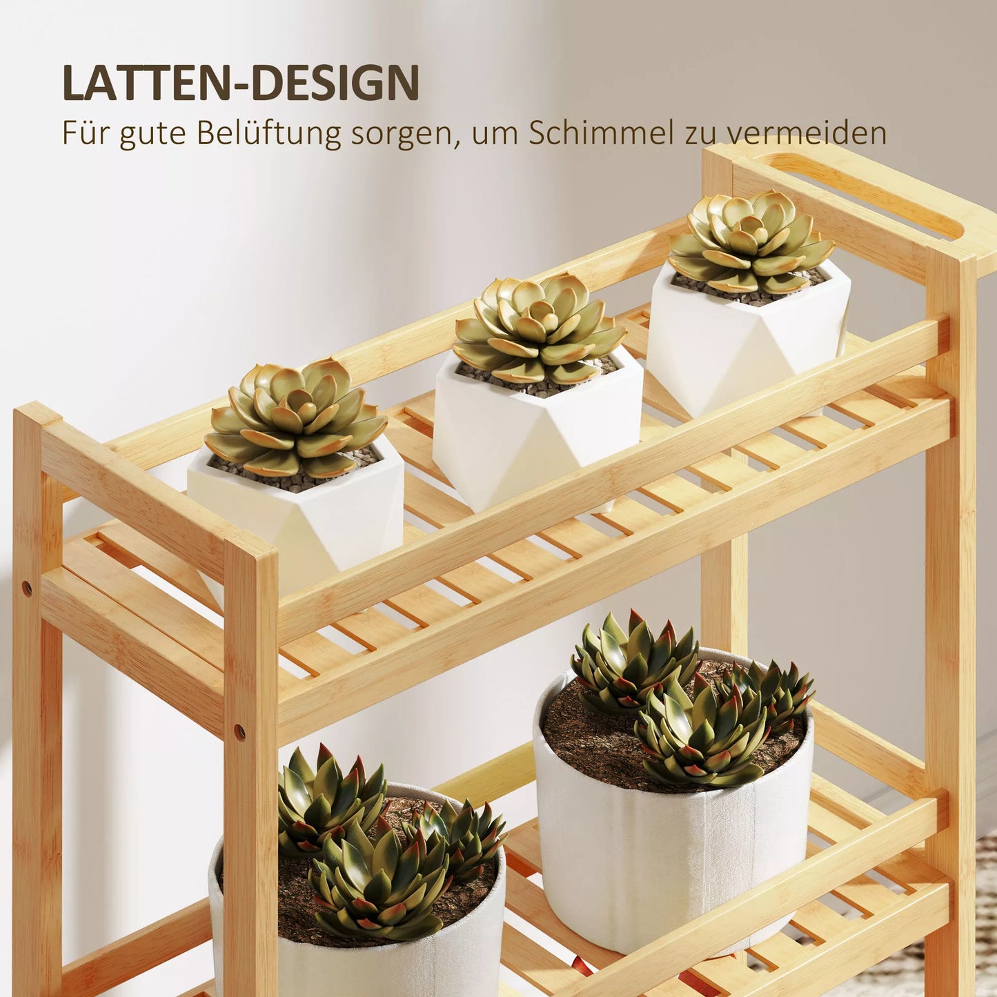 Serviravimo vežimėlis, 3 aukštai, grotelės, apsauga nuo iškritimo, bambukas, 55 x 20 x 75 cm