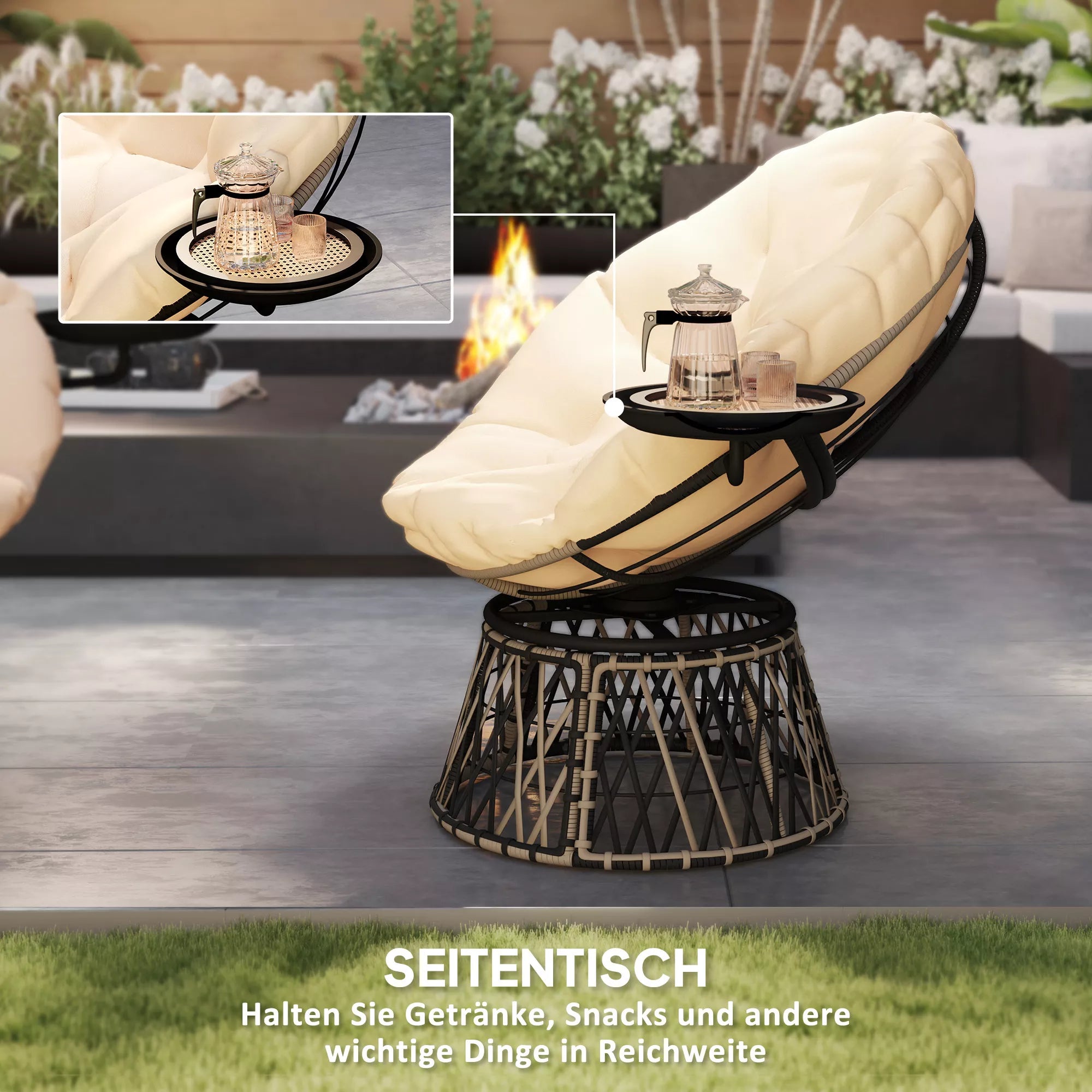 Papasansessel Rattan 360° sukiojamas krepšinio kėdė su pagalvėle Skersmuo 90 cm apvalus smėlio spalvos