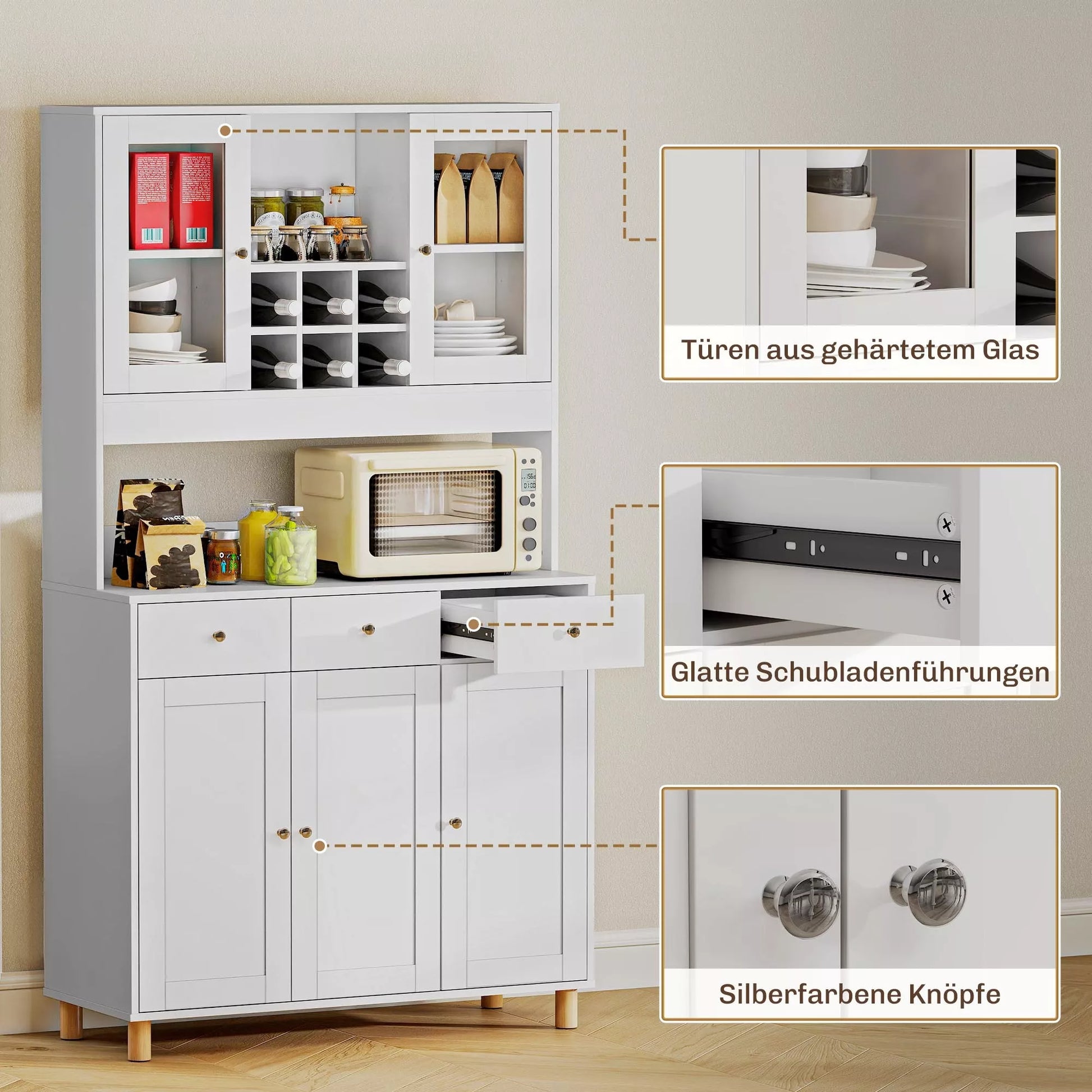 180 cm virtuvės spintelė, 2 stiklinės durys, 3 stalčiai, 4 reguliuojami lentynos, valgomojo spintelė, medžio drožlių plokštė, balta