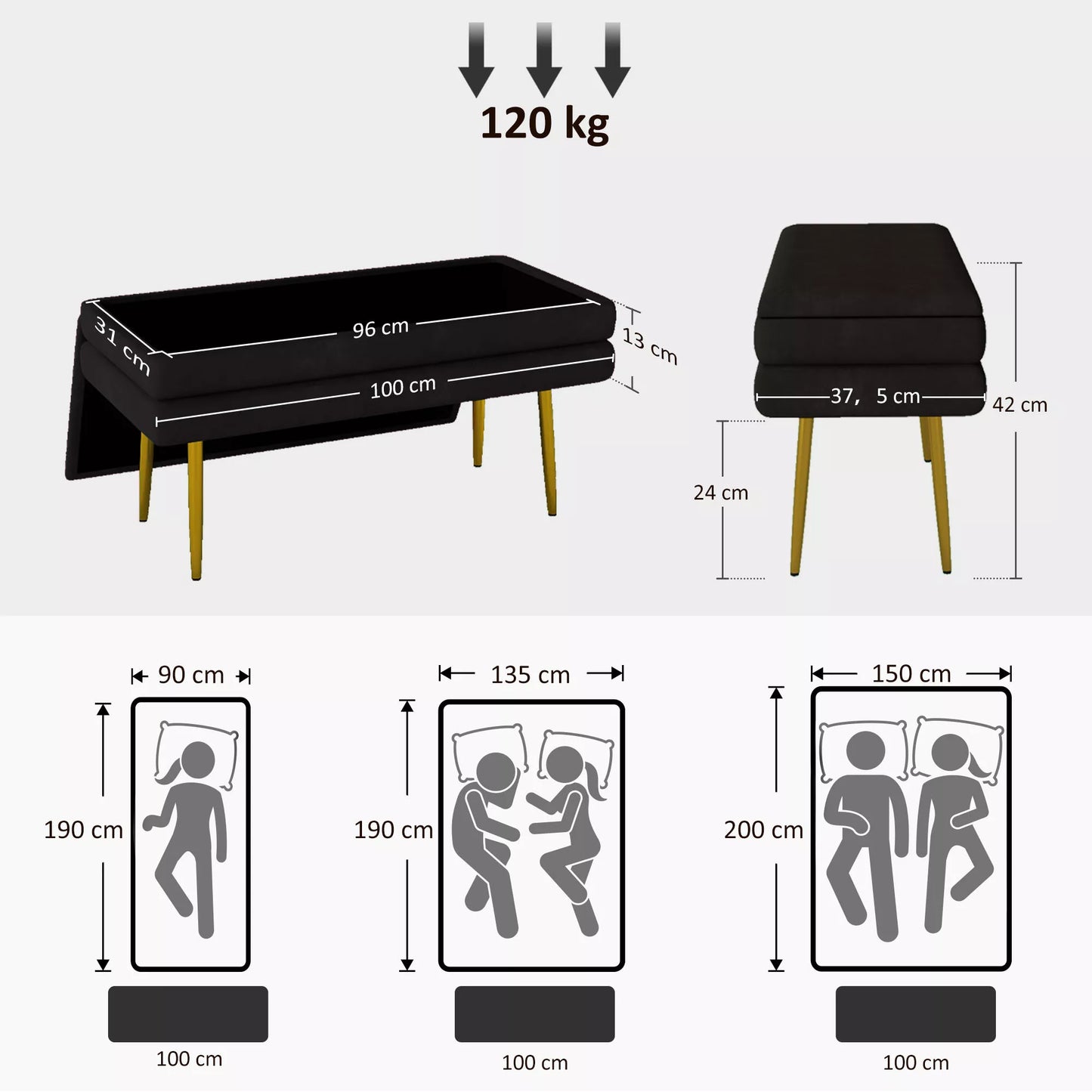 Sėdimoji banketė su daiktadėže, plienas, 100 cm x 37,5 cm x 42 cm, juoda