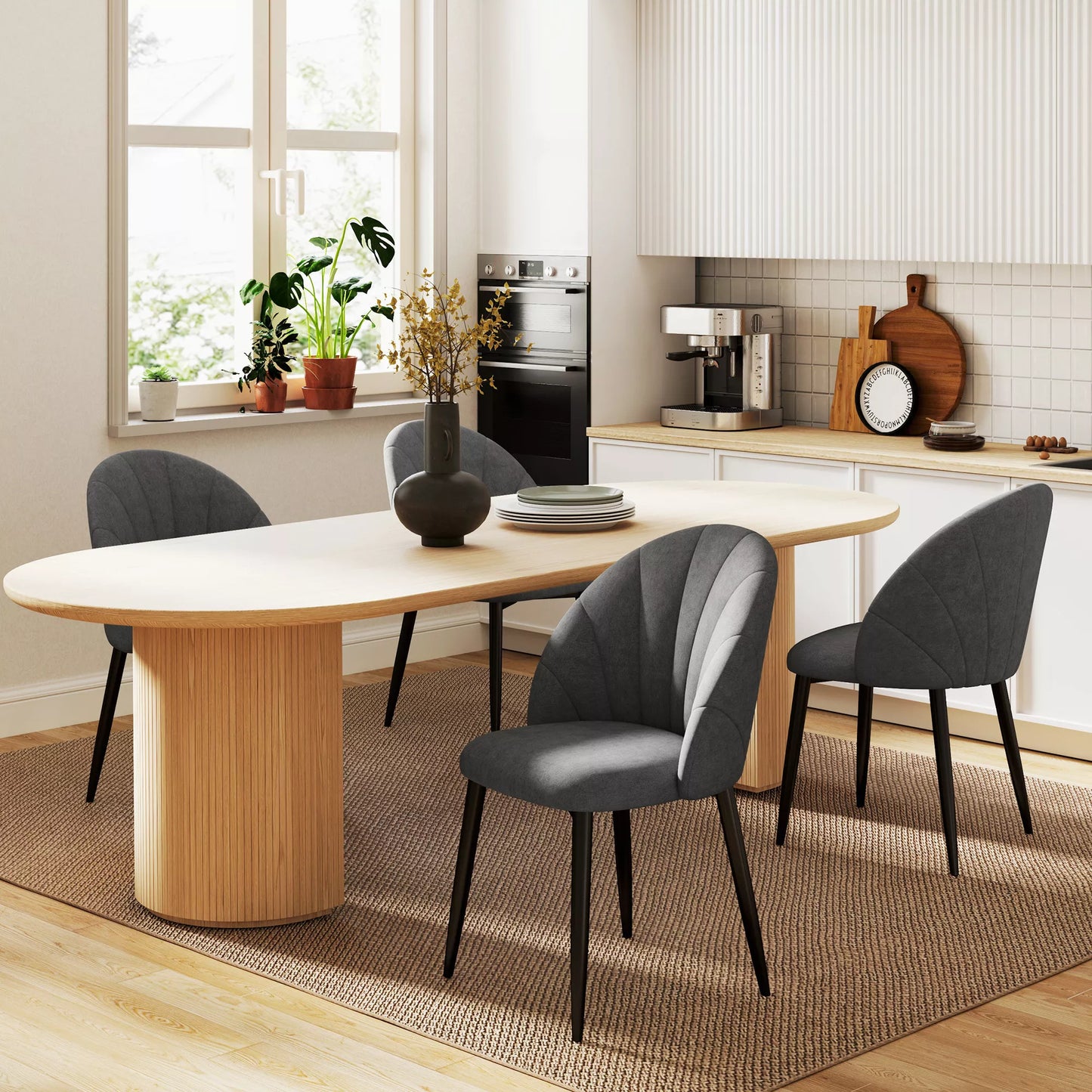 4 vnt. komplektas Valgomojo kėdės, virtuvės kėdės su aksomo išvaizda, plieninės kojos, be atramų rankoms, pilkos spalvos