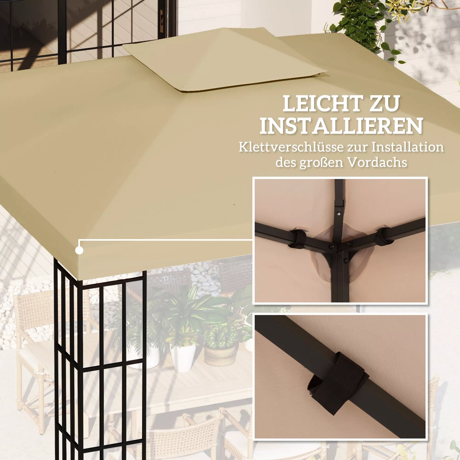 Pavilion 3 x 3 m atsarginis stogas, vandeniui atsparus paviljono stogas su dvigubu stogu, nuotekų angomis, smėlio spalvos