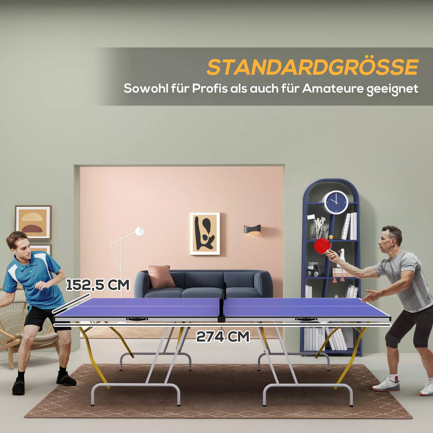 Stalo teniso stalas, sulankstomas, su 2 raketėmis, 3 kamuoliukais, tinklu, vidaus ir lauko, metalinis rėmas, 274x152x76cm, mėlynas