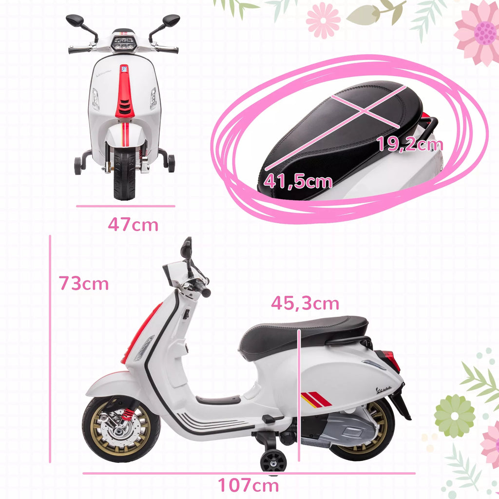 Elektrinis vaikiškas motociklas Vespa, 3 km/h, 3-6 metai, Muzika, Šviesos ir Radijas, Baltas