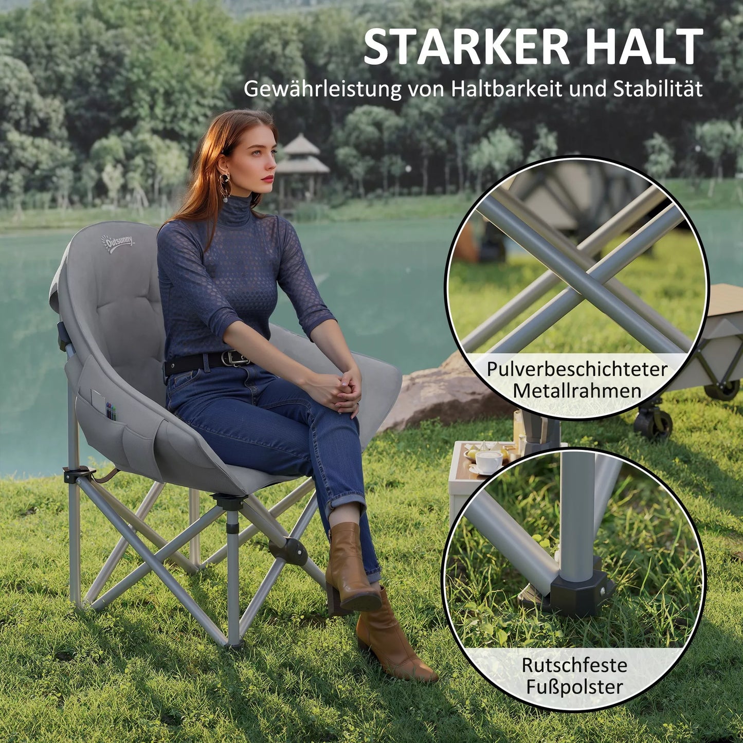 Sulankstoma Kempingo Kėdė su Šonine Kišene ir Nešiojimo Krepšiu, Paminkštinta, Iki 120kg Apkrovos, Tamsiai Pilka