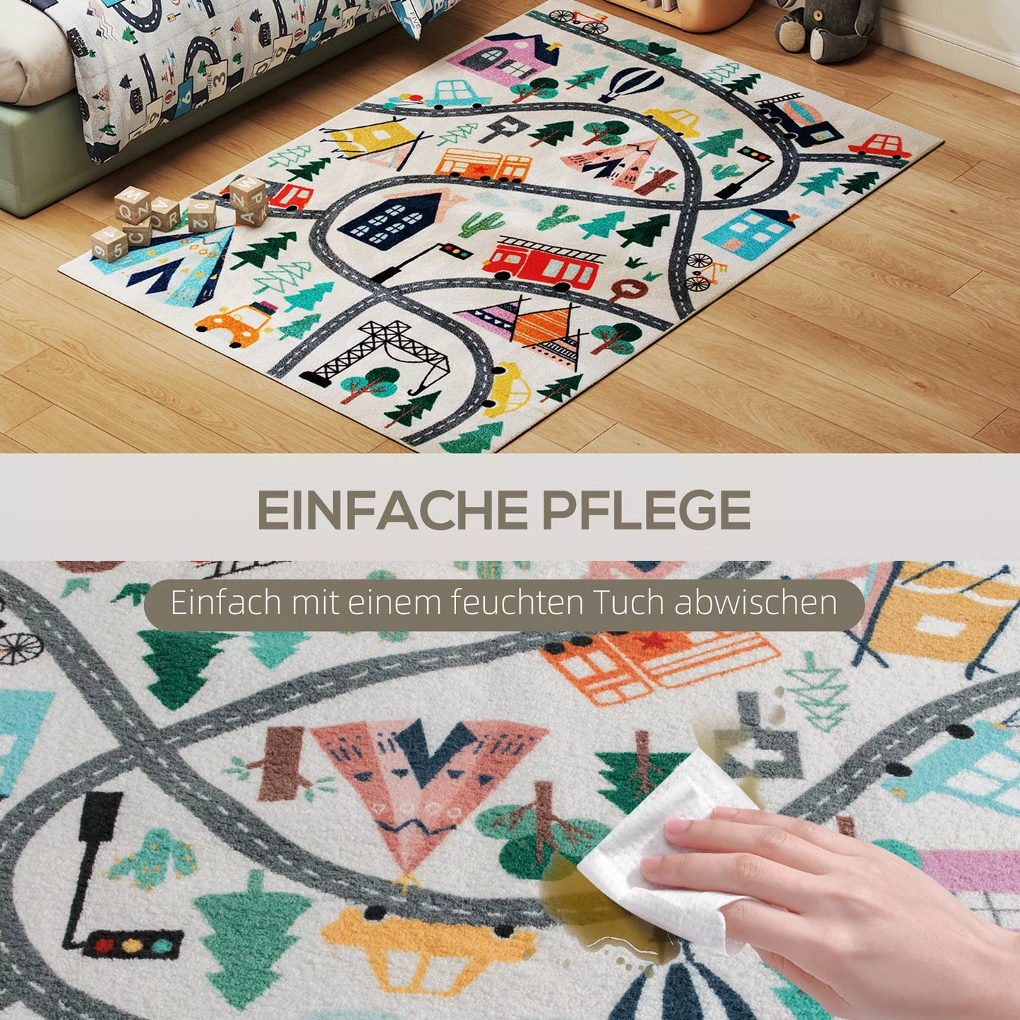 Kilimas su automagistralės raštu, baltas fonas, minkštas flisas, lengvai prižiūrimas, spalvingas