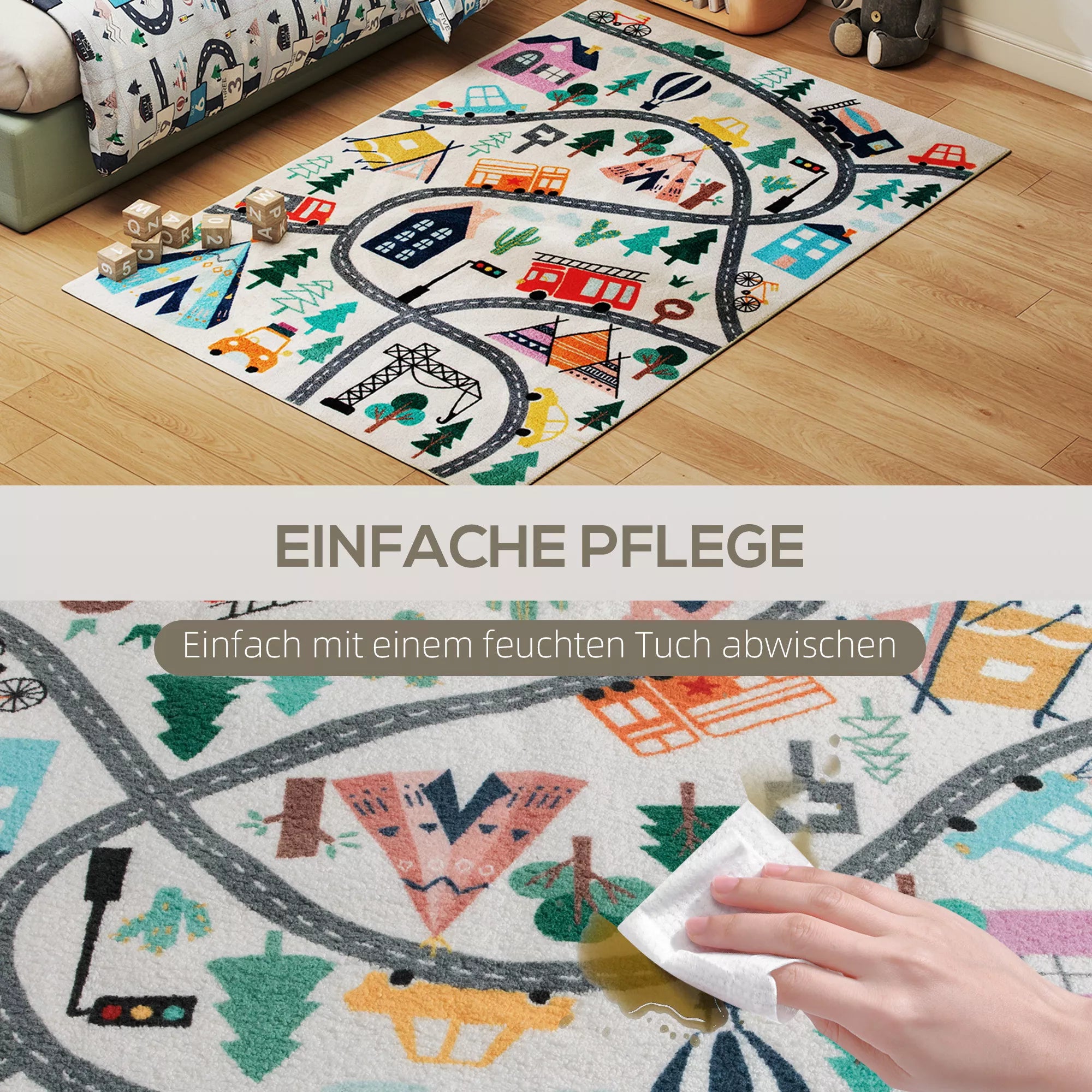 Kilimas su greitkelio raštu, baltas fonas, minkštas flisas, lengvai prižiūrimas, spalvotas