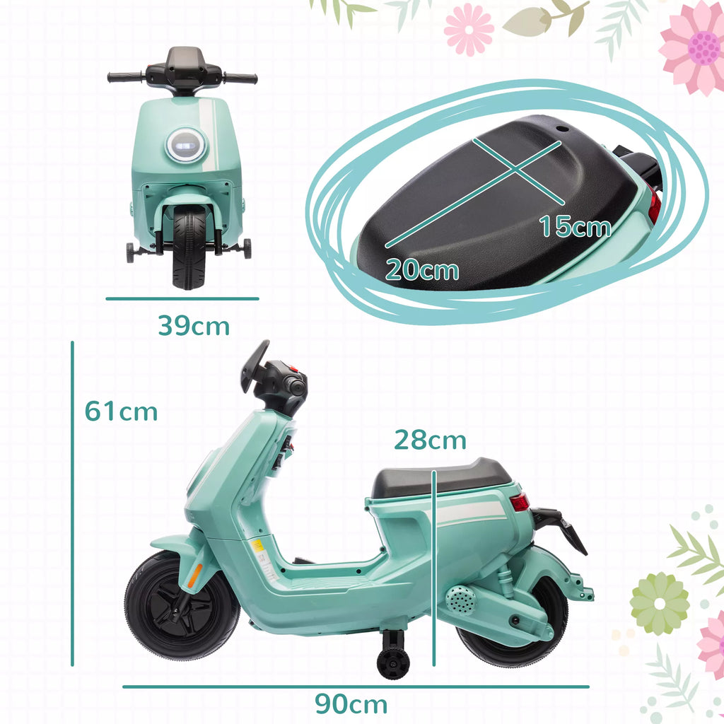 6 V elektrinis motociklas vaikams, su žibintais ir muzika, priekinė ir atbulinė eiga, pagalbiniai ratai, 18–36 mėnesių, žalias