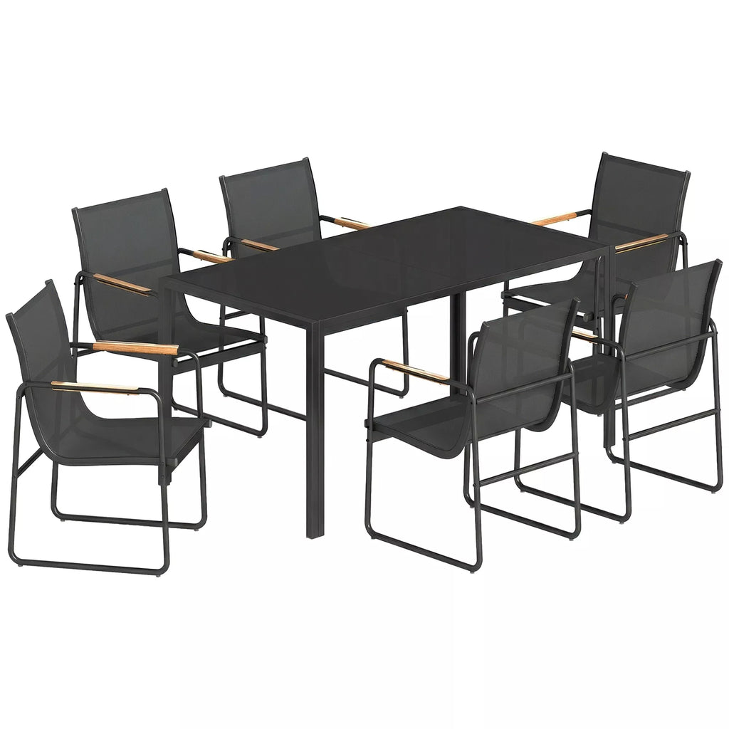 Sodo baldų komplektas Sėdimoji grupė 150 x 80 cm Stiklinis stalas su 6 kvėpuojančiomis kėdėmis Dekoratyvinės porankės Juodos spalvos