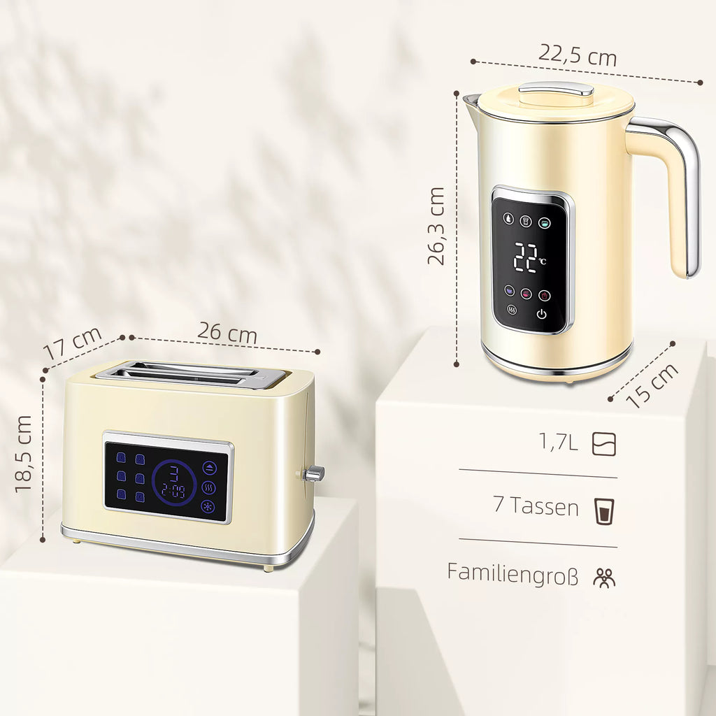 Vandens virdulys ir skrudintuvas su LED jutikliniu ekranu, 1,7 l, 2 skrudintuvo lizdai, įvairūs režimai ir funkcijos, kreminė balta spalva
