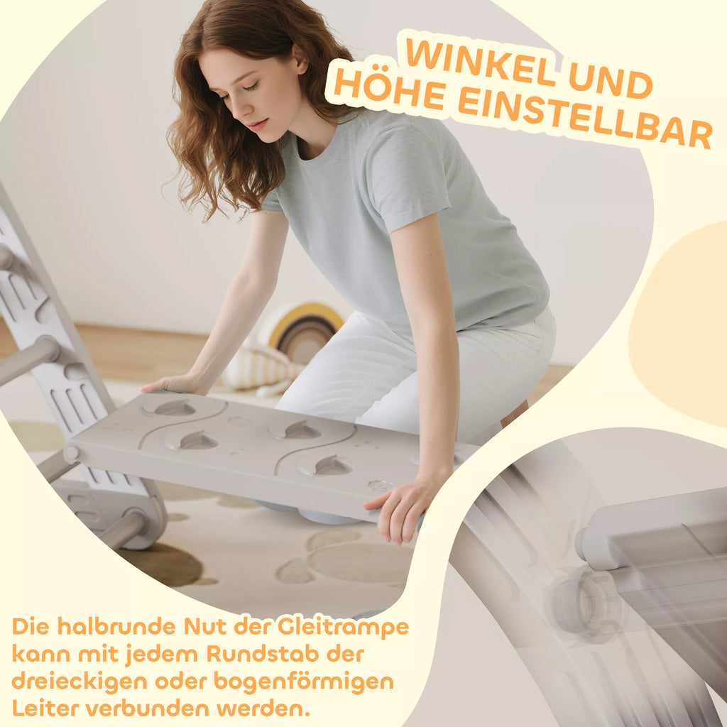 5 in 1 laipiojimo konstrukcija Montessori Indoor, laipiojimo trikampis su čiuožykla, laipiojimo lankas, dvipusis rampa, žaidimų aikštelė vaikams nuo 18 iki 48 mėnesių, pilka + balta