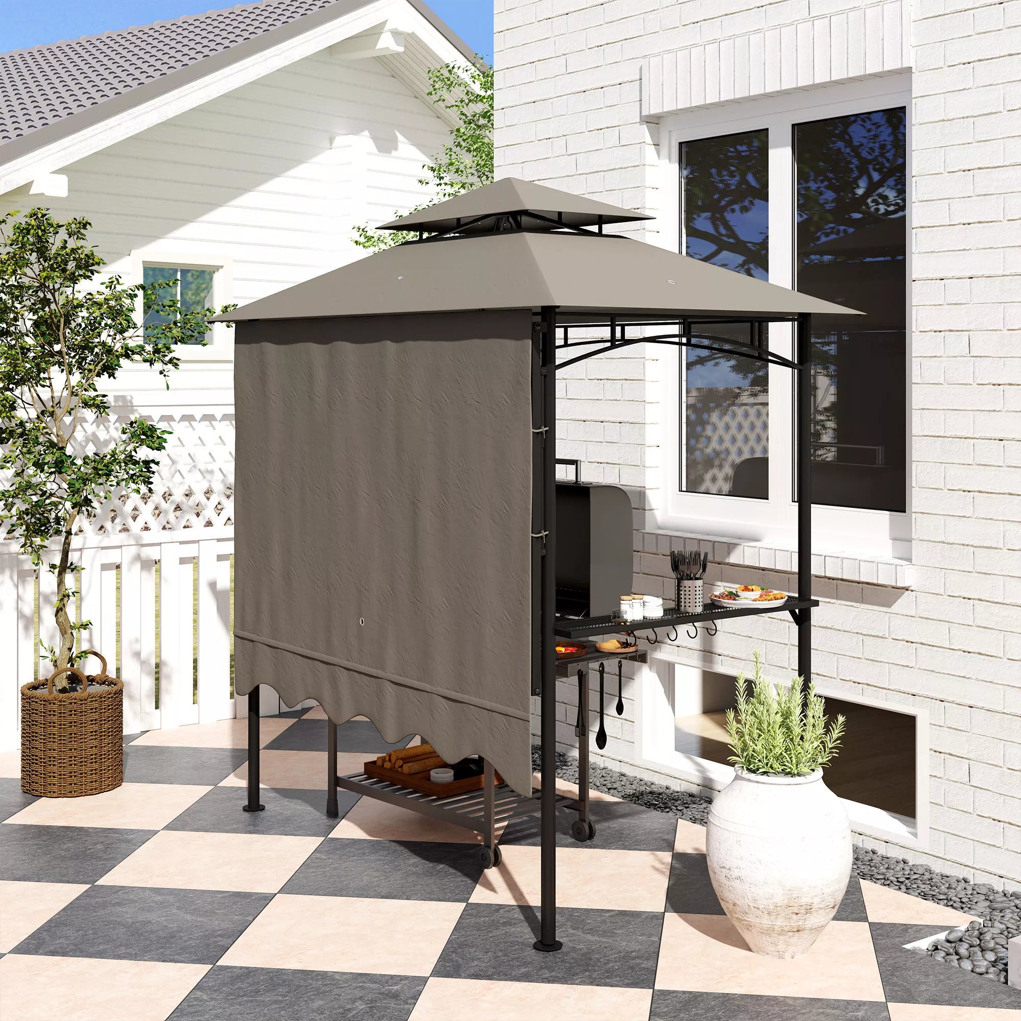 Grillpavillon 242x232x248 cm vandeniui atsparus, ugniai atsparus sodo paviljonas su dvigubu stogu Pilkos spalvos