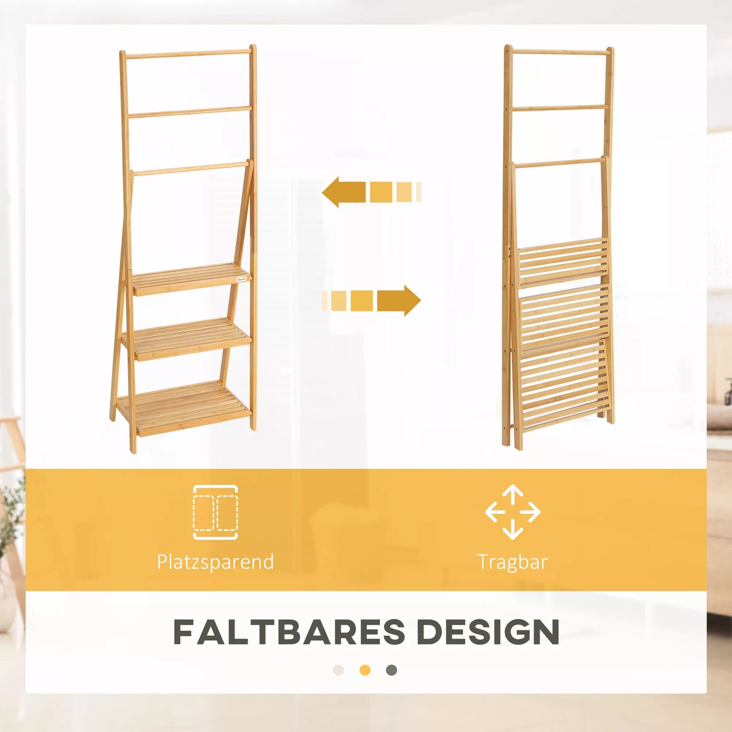 Sulankstomas bambuko stovas rankšluosčiams su lentynomis, 3 lentynos, 3 rankšluosčių laikikliai, 53 cm x 30,5 cm x 152 cm, natūralus