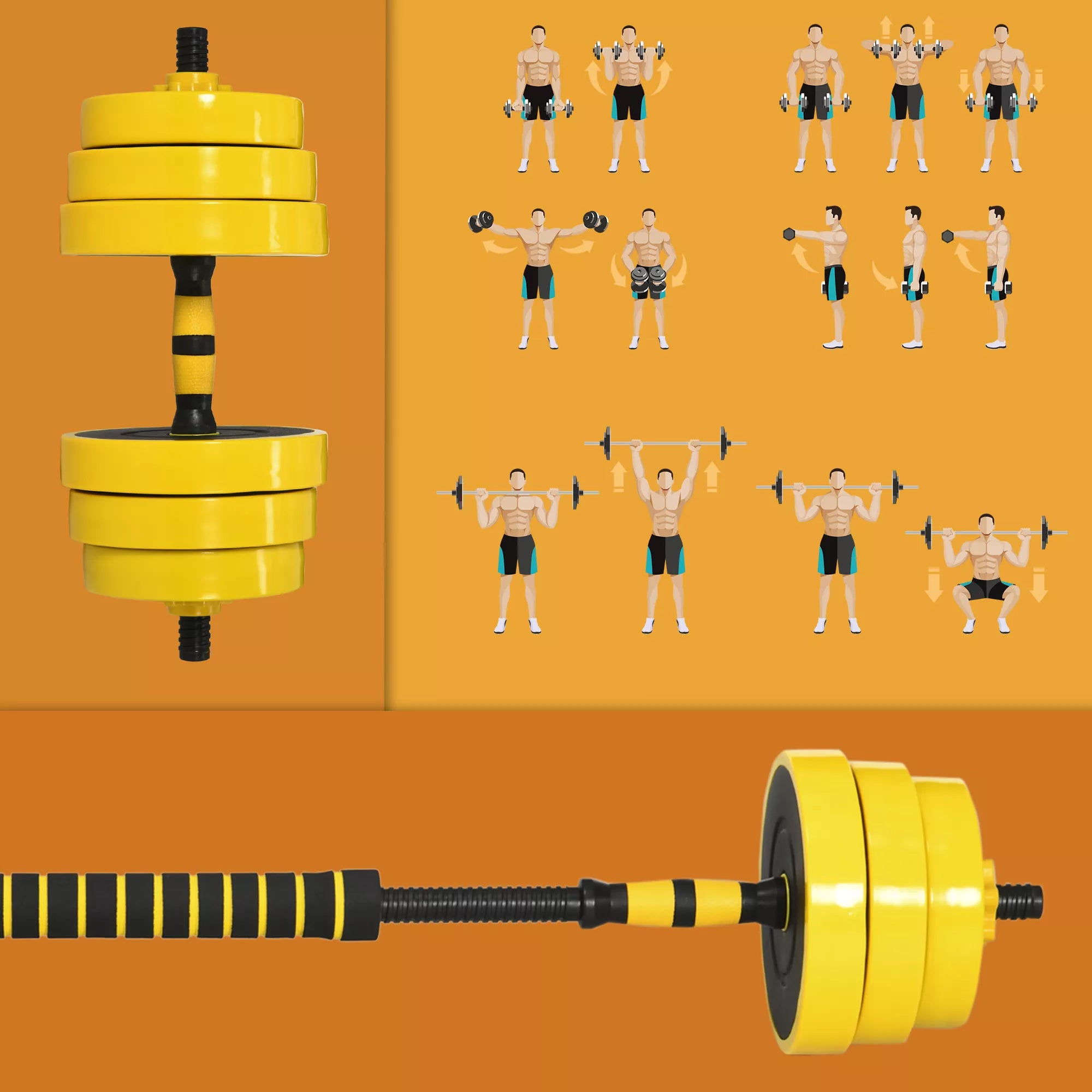 Hantelių ir štangos rinkinys, 25 kg, 3-in-1, geltonas ir juodas