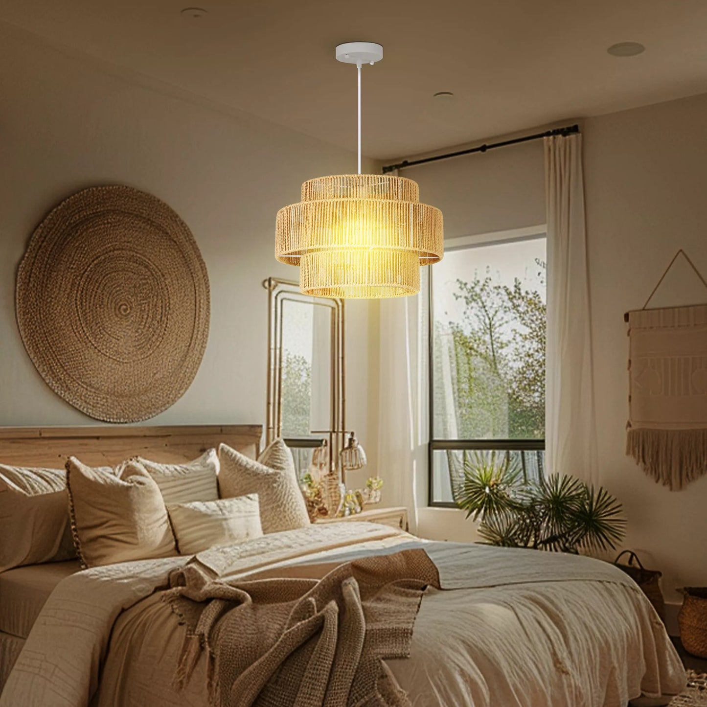 Pakabinamas šviestuvas, 3 pakopų gaubtas, metalas, kanapės virvė, šviesiai rudas