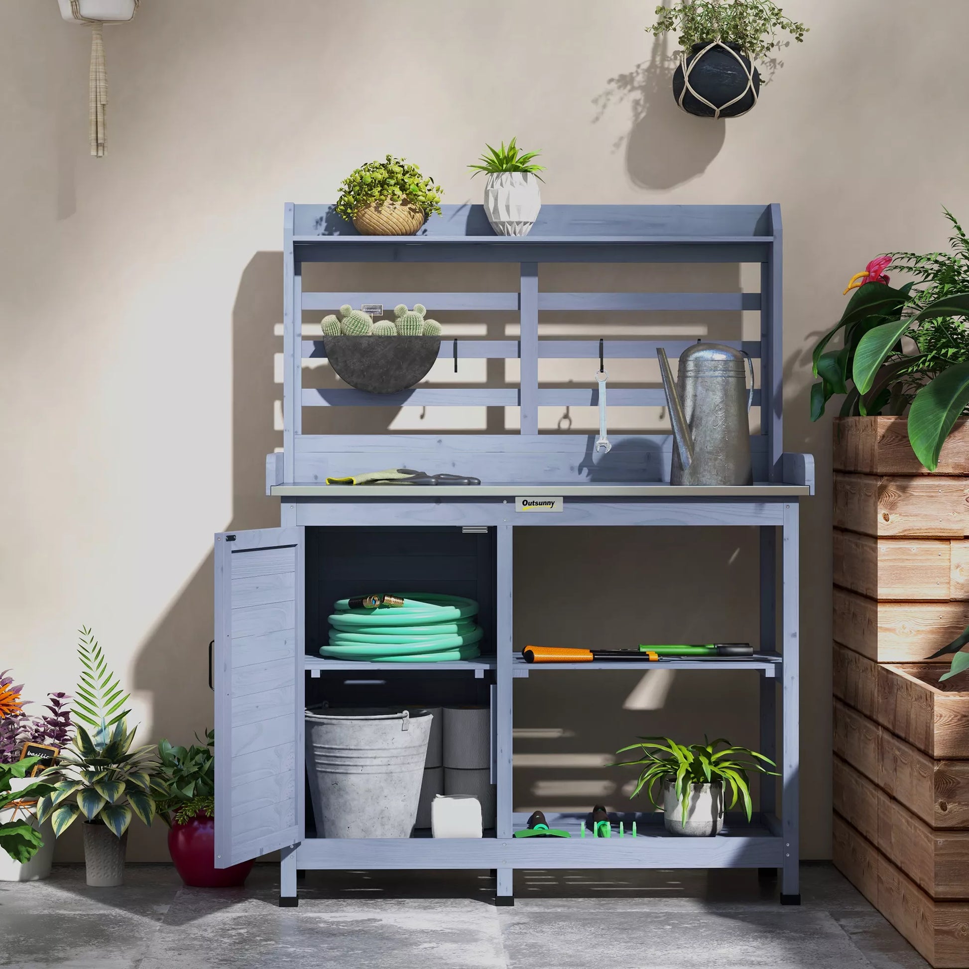 Sodo stalas su spintele, aliuminio darbo paviršiumi, saugojimo vieta, 112x47x146 cm, pilkos spalvos