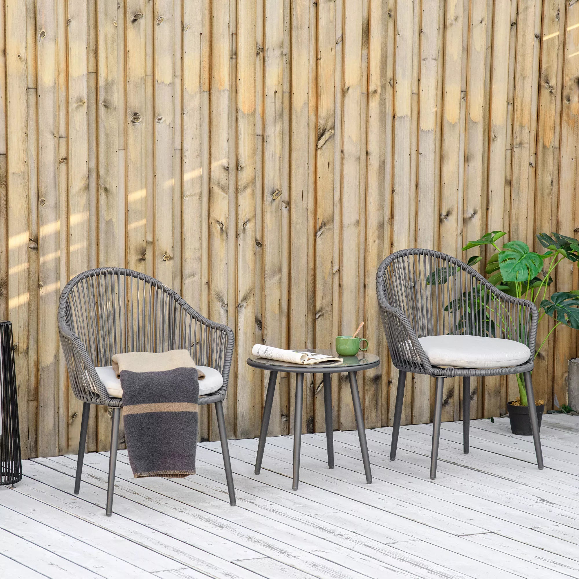 Bistro komplektas, rotango sofos komplektas, lauko baldų komplektas, 2 kėdės, 1 stalas, atsparus oro sąlygoms, 65 x 63 x 80 cm, Tamsiai pilkas + Šviesiai pilkas
