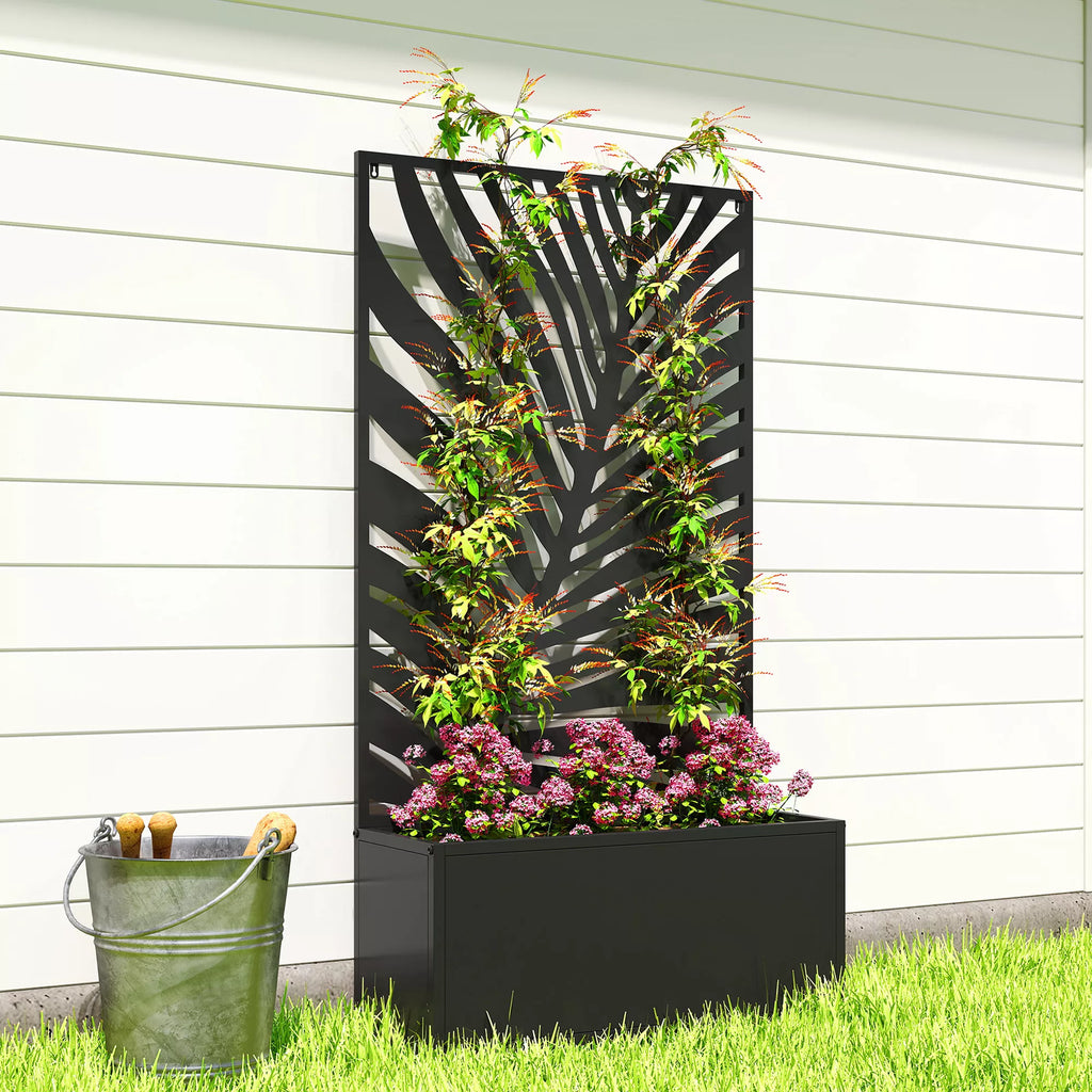 Metalinė pakelta lysvė su sienele, metalinis vazonas su grotelėmis, plienas, 61x23x113 cm, juoda