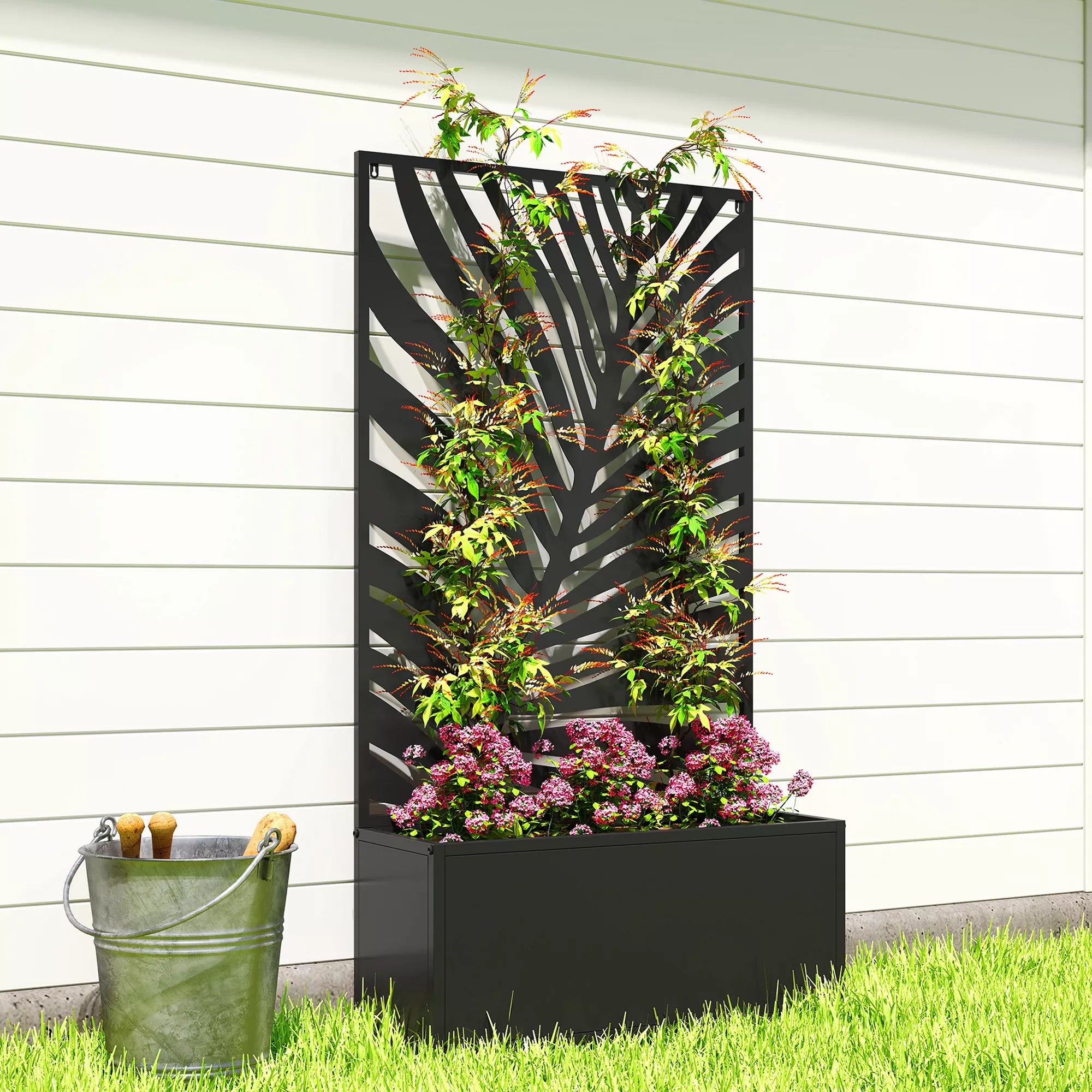 Metalinė pakelta lysvė su sienele, metalinis vazonas su grotelėmis, plienas, 61x23x113 cm, juoda