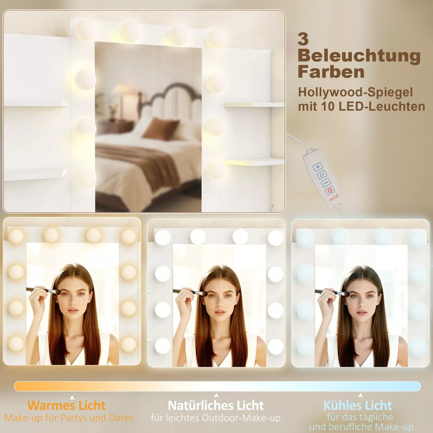 Kosmetinis staliukas su apšviečiamu veidrodžiu ir minkštu pufu, makiažo staliuko rinkinys, medis ir tekstilė, balta