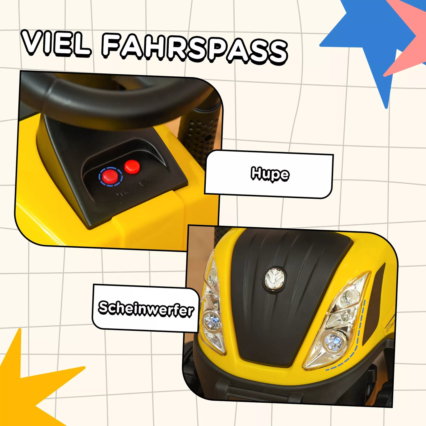 Važiuojamasis traktorius su priekaba, su signalu, smėlio žaislas, nuo 1 metų, plastikas+metalas, geltonas, 91 x 29 x 44cm