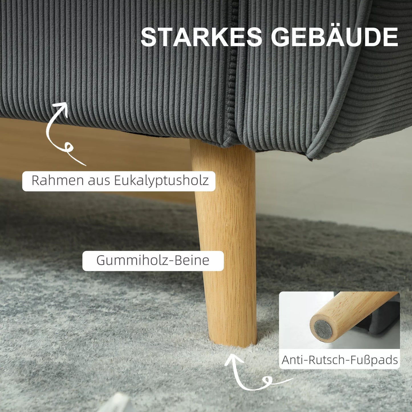 Dvivietė sofa, audinio sofa, 2 atlošo pagalvėlės, kordas, 145 x 75 x 78 cm, antracito spalva