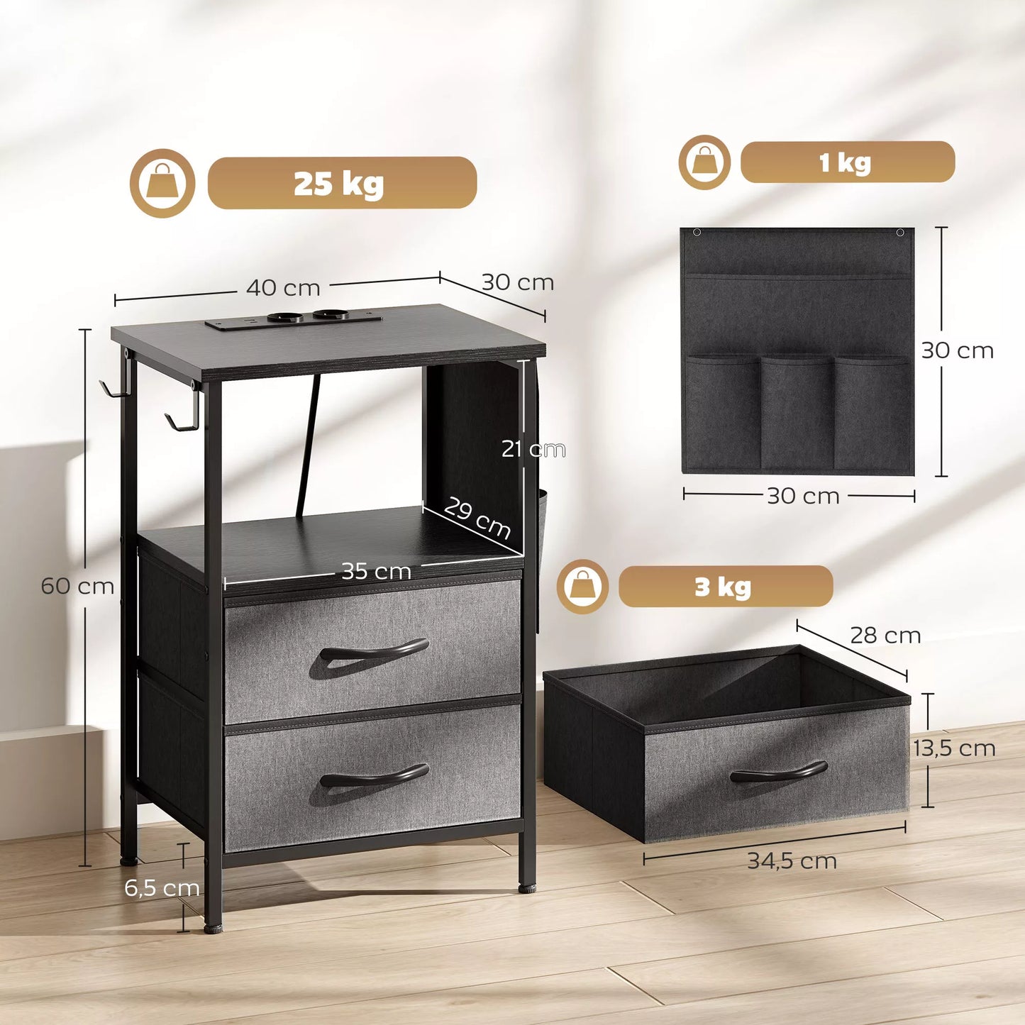 Staliukas su įkrovimo stotele, plieninis rėmas, USB-C jungtys, stalčiai, kabliai, 40 cm x 30 cm x 60 cm, juodas