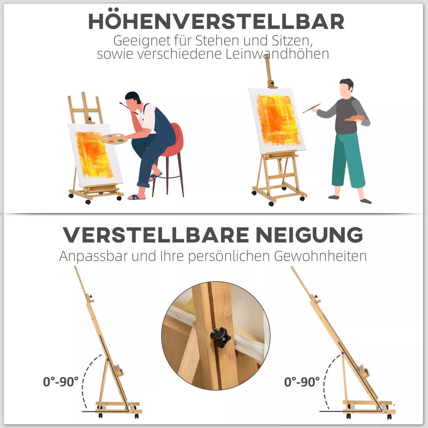 Molbertas, Tapytojo molbertas, Aukščiui reguliuojamas, su 4 ratukais, Natūralus + Juodas