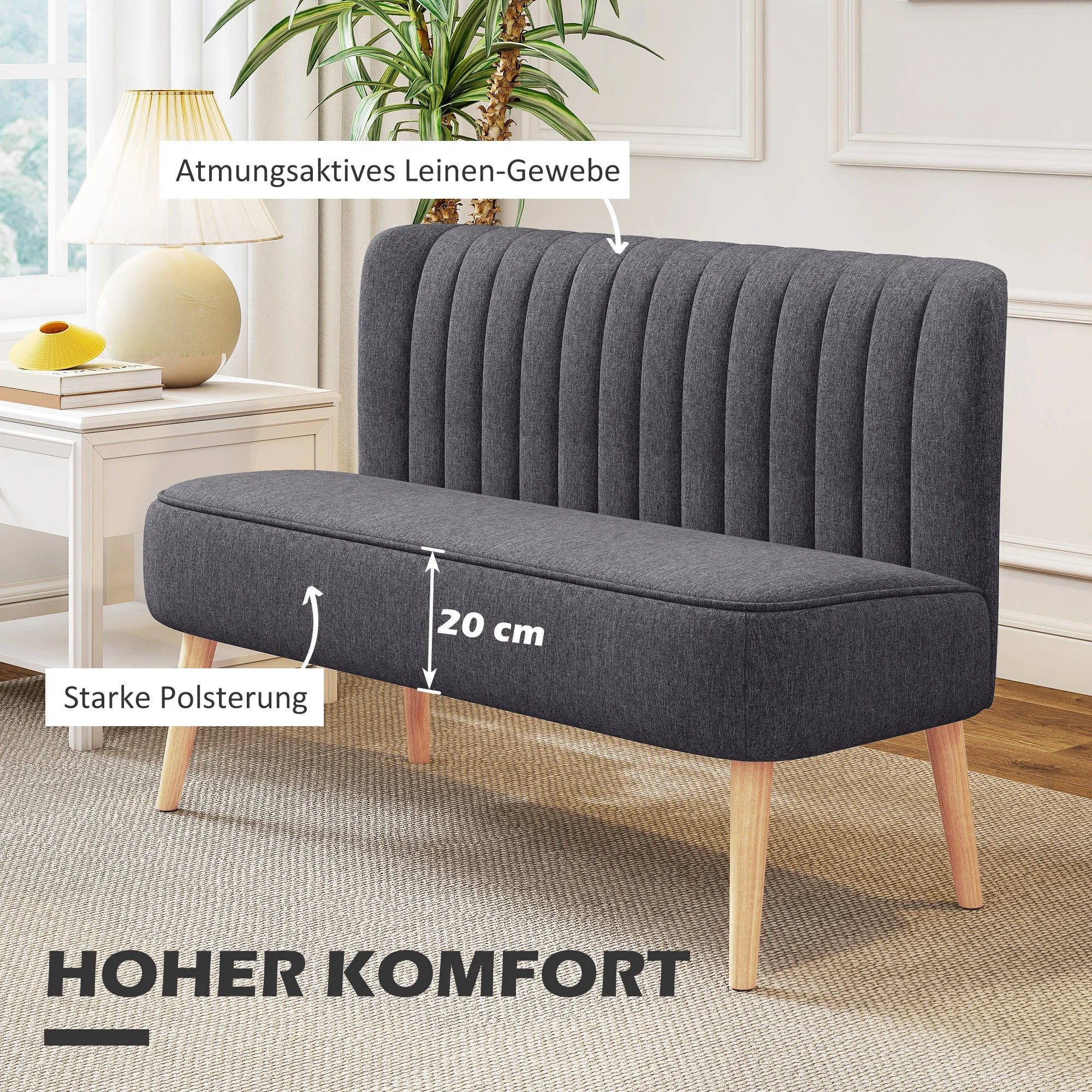 Dvivietė sofa, minkšta kušetė su lengvai prižiūrimu audiniu, tekstilė ir medis, 117x56,5x77 cm, tamsiai pilka