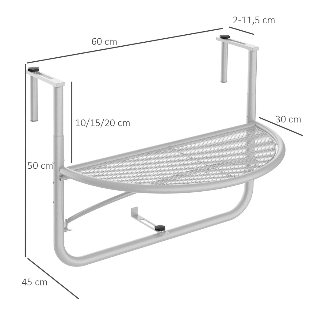 Balkono pakabinamas stalas Pakabinamas stalas Sodo stalas, reguliuojamas aukštis, pusapvalus, Ø30 cm, terasa, metalas, baltas, L60 x B45 x H50 cm