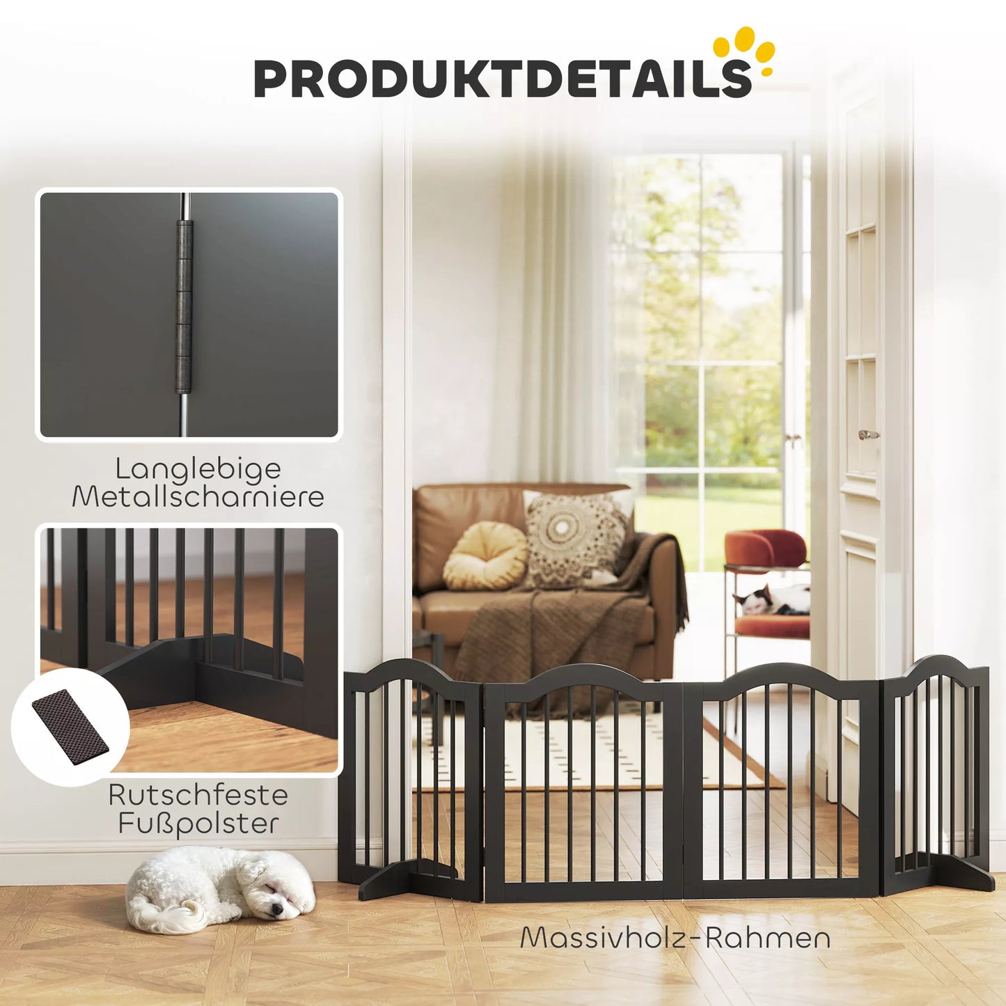 Apsauginė tvora šunims Laisvai stovinti apsauginė tvora su kojomis, sulankstoma tvora šunims, 4 paneliai, 208 x 29,5 x 61 cm, juoda