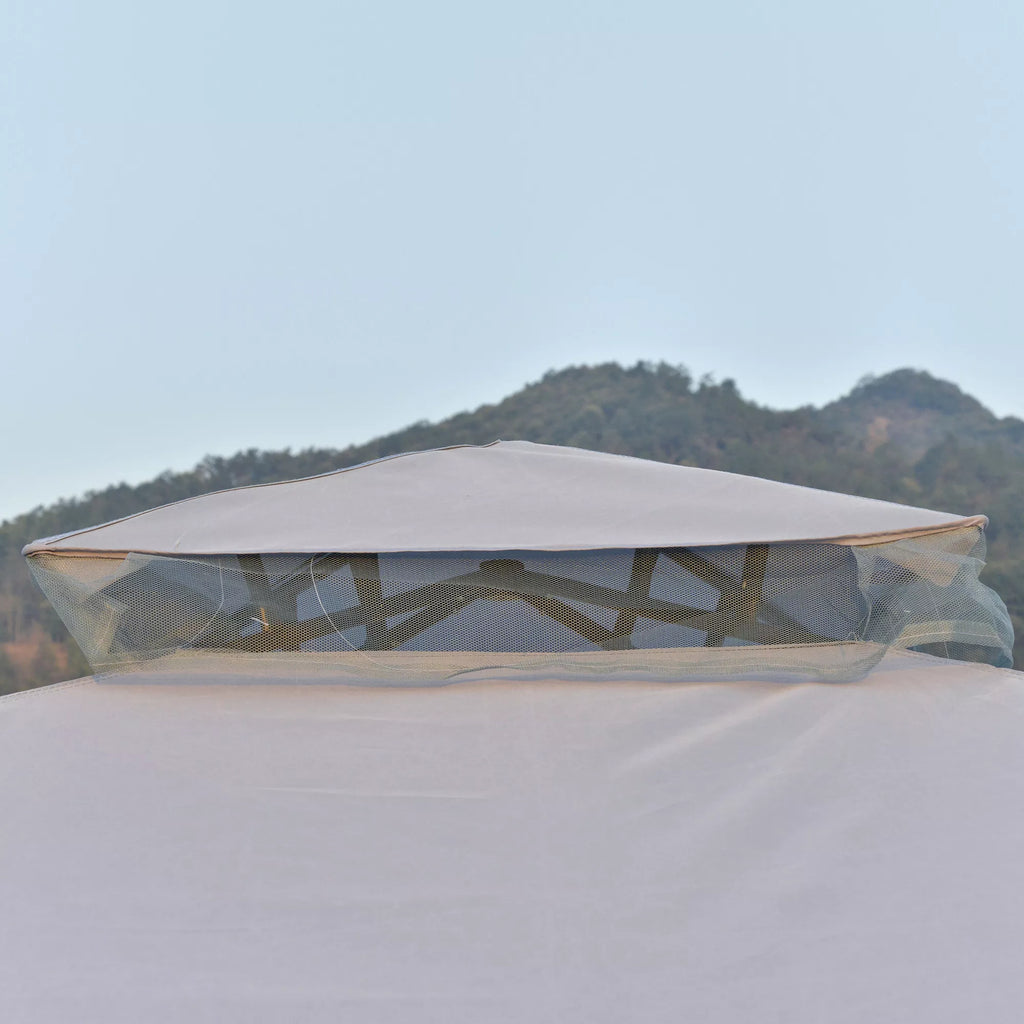 Paviljonas su dvigubu stogu, 3x2 m, atsparus vandeniui, stabilus, atsparus žiemai, su moskitine tinklele, šoninėmis dalimis, metalinis sodo paviljonas, skirtas sodui, terasai, šviesiai pilkos spalvos.